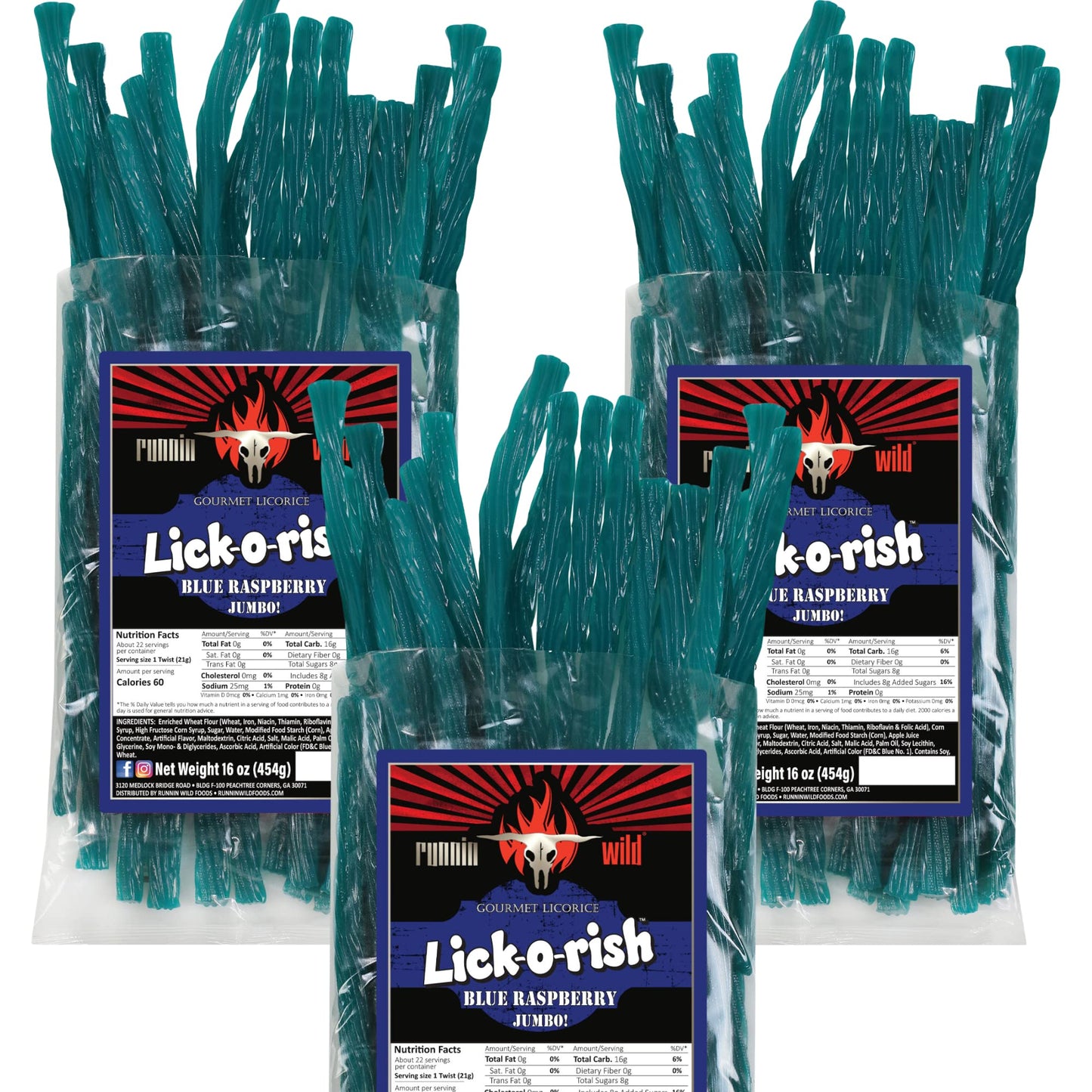 RunninWild Blue Raspberry Licorice Candy - 3 lb (Set of 3 bags), Black/Blue