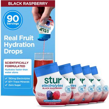 Stur Electrolyte Water Enhancer, Sugar Free, Sweetened with Stevia, Pack of 5 Bottles, Black Raspberry, Makes 90 Drinks, Vegan, Keto