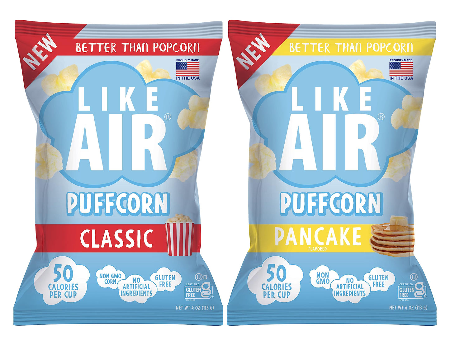 Like Air Puffcorn (Combo Pack: Classic & Pancake) | 2 4oz Bags | 50 Calories Per Cup | Gluten Free | Nothing Artificial