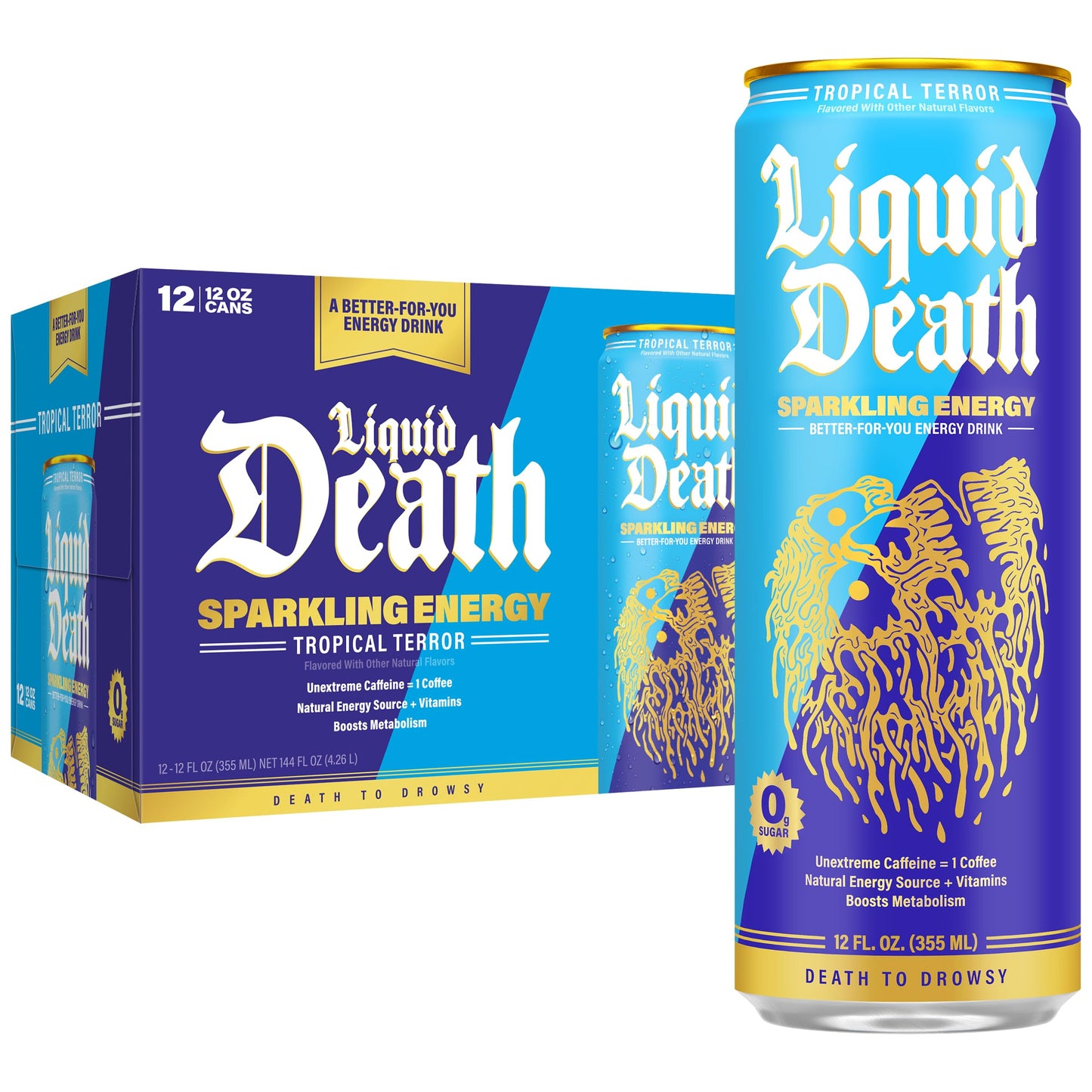 Liquid Death Sparkling Energy - Tropical Terror (Pia Colada Flavor)  Sugar-Free Energy Drink  Unextreme Caffeine 100mg  Essential Vitamins  12 Fl Oz (Pack of 12)