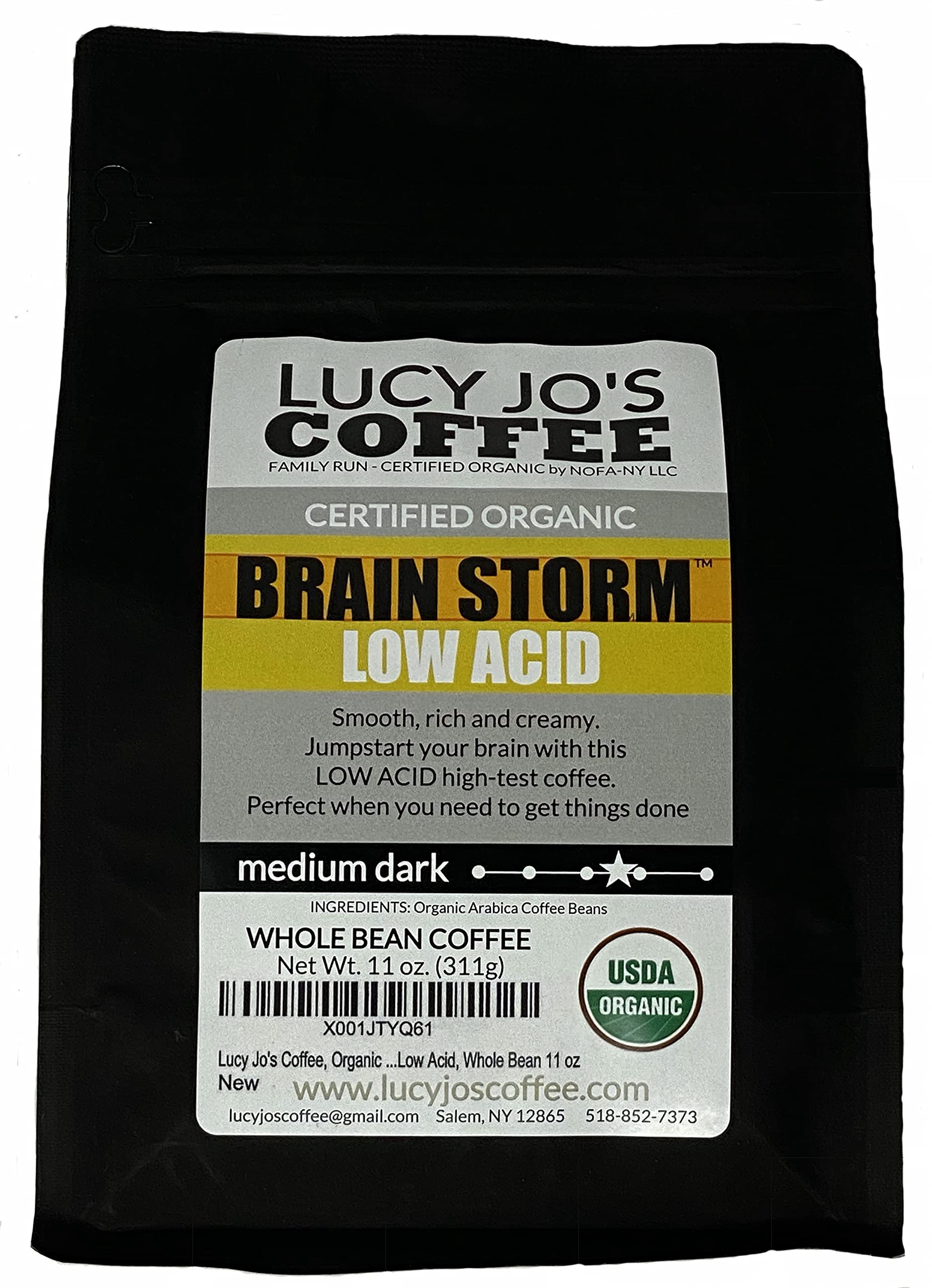 Lucy Jo'S Coffee, Organic Brainstorm, Low Acid, Medium Dark, Whole Bean 11 Oz