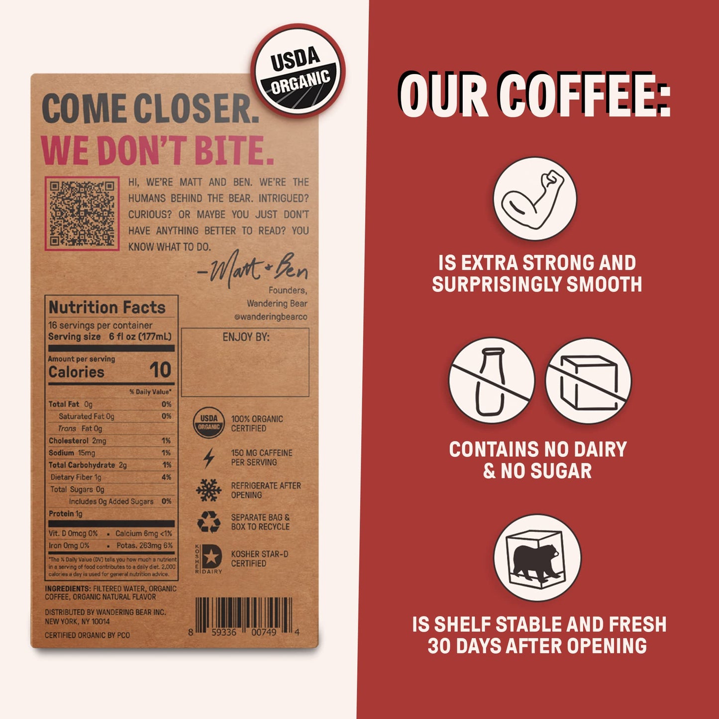 Wandering Bear Organic Mocha Cold Brew Coffee - Extra Strong, Unsweetened, 96 fl oz
