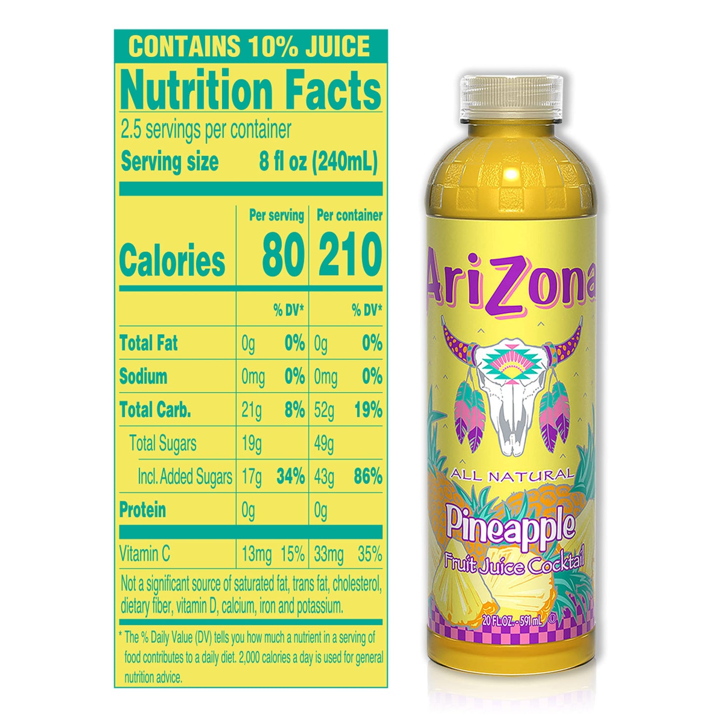 AriZona Pineapple Juice Drink, 20 Fl Oz, Pack of 24, Refreshing Beverage