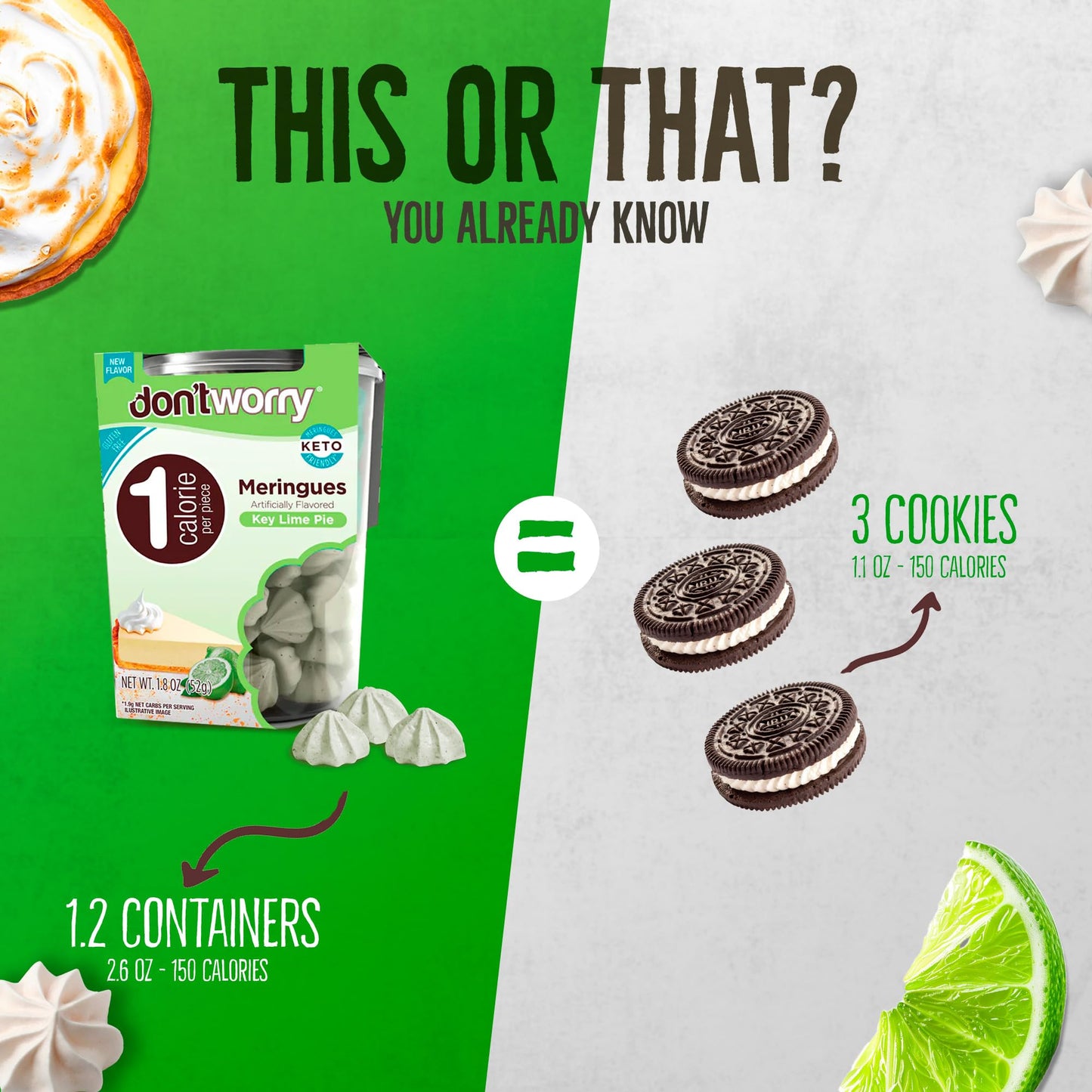 Don'T Worry Low Calorie Meringue Cookies - 4 Pack - Key Lime Pie And Cookies&Cream, Just 1 Calorie Per Piece | Low Sugar Candy,