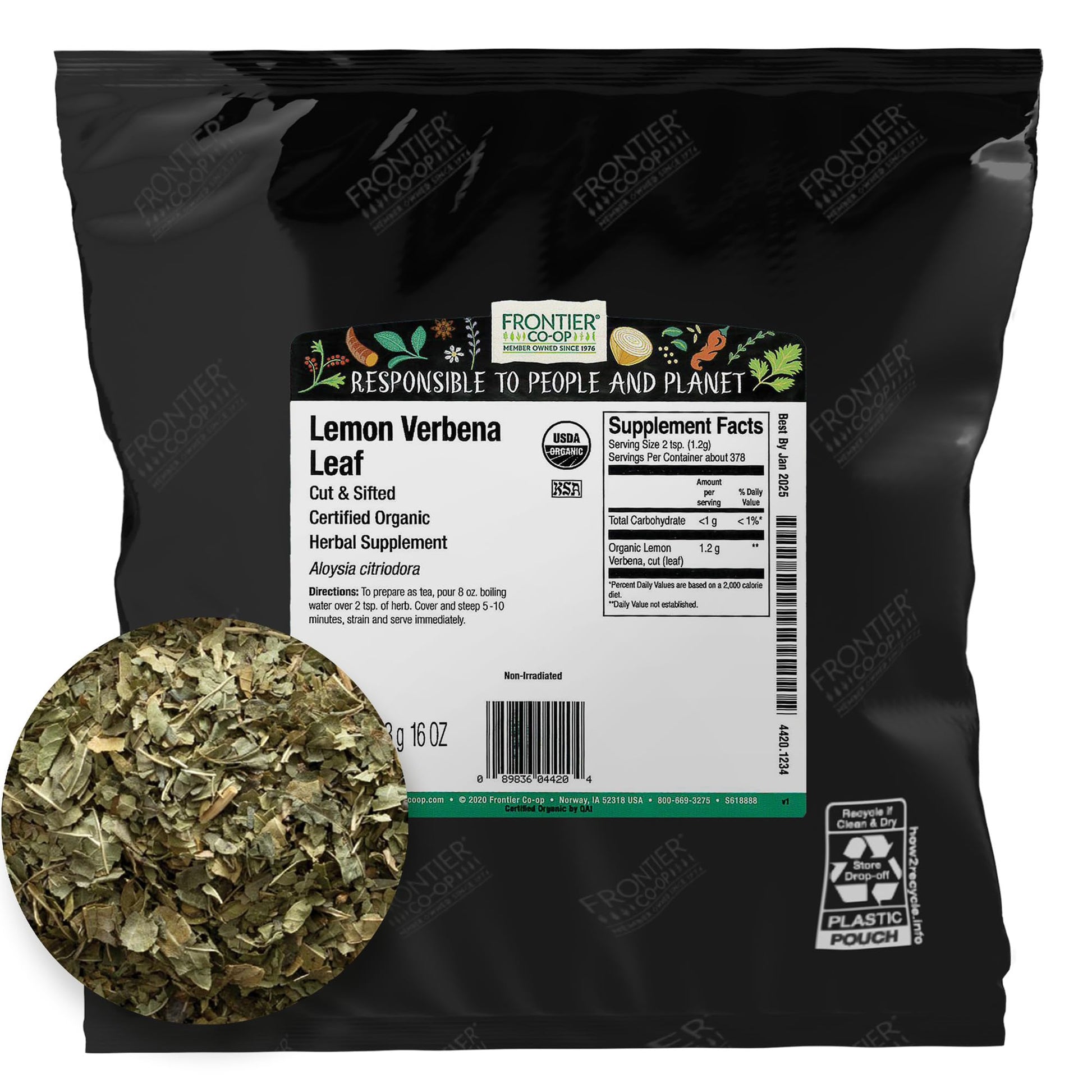 Frontier Co-op Organic Cut and Sifted Lemon Verbena Leaf Loose Leaf Tea 1lb - Resealable Bulk Bag