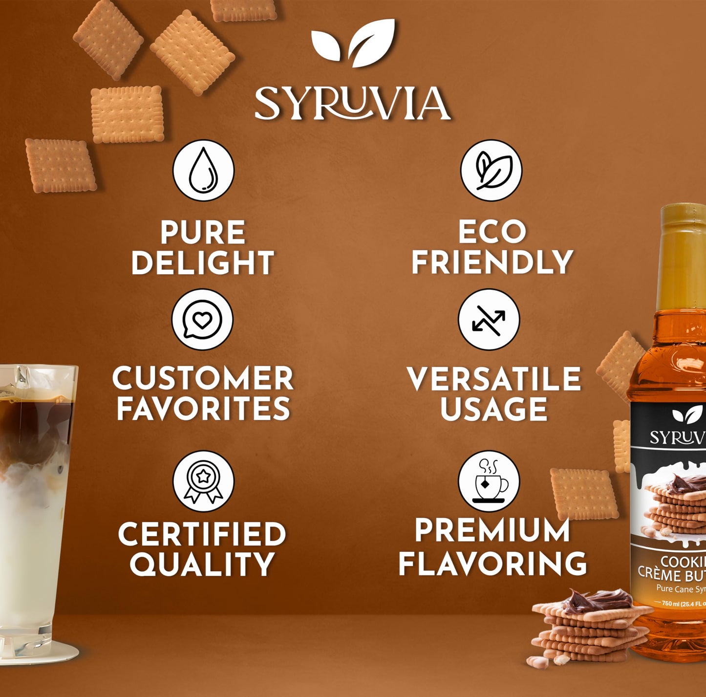 Syruvia Cookie Butter Coffee Syrup - 25.4 Fl Oz Premium Coffee Flavoring Syrup - Kosher Coffee Syrups, Gluten Free, No Coloring,