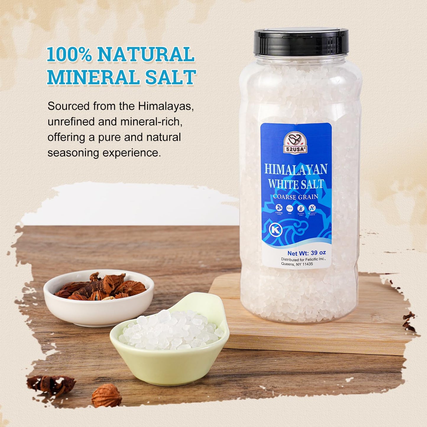 52USA Himalayan White Salt Coarse, 39 oz Refill for Grinder, Pure Natural Sea Salt, Ideal for Cooking, BBQ, Baking