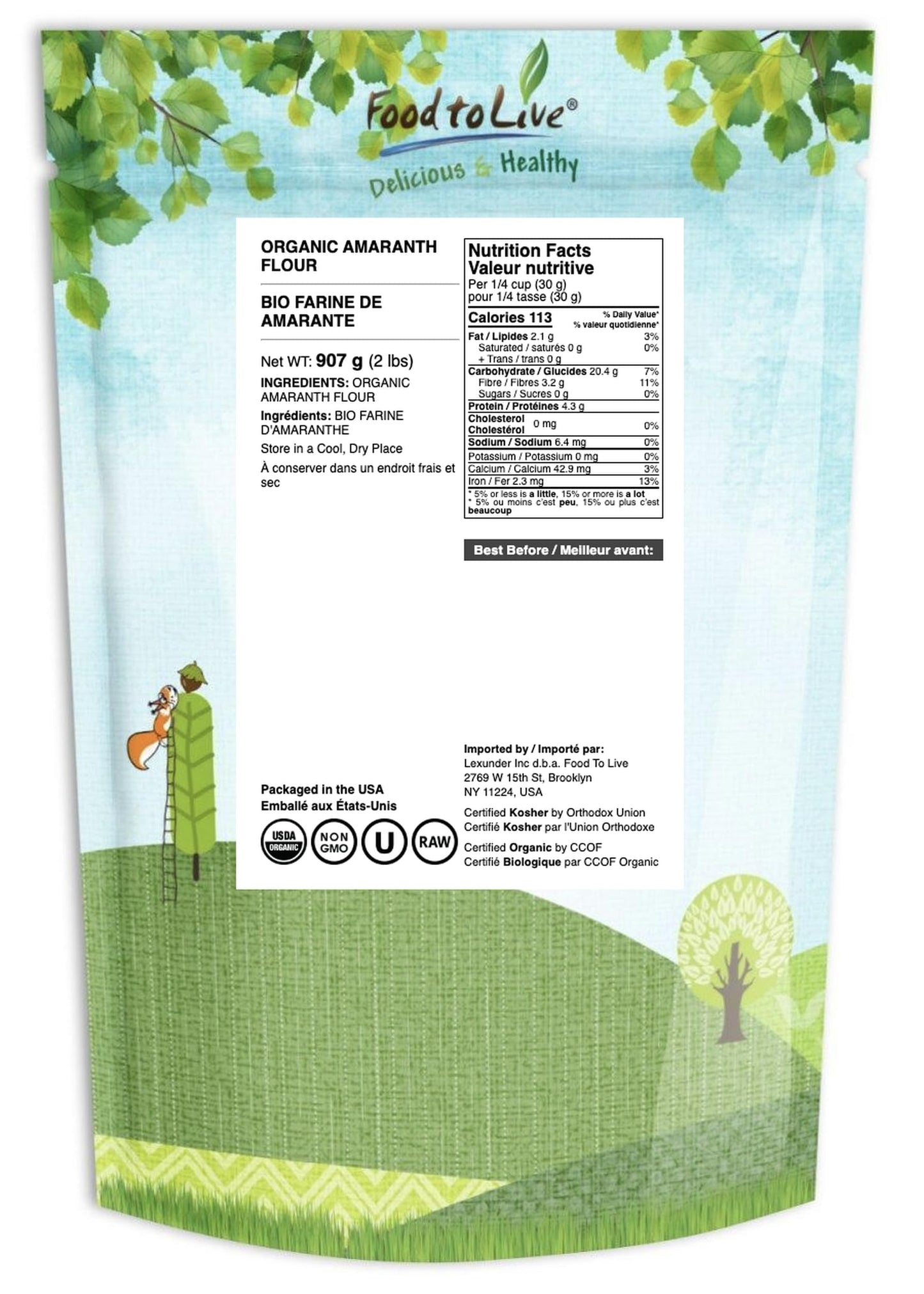 Food to Live Organic Amaranth Flour, 2 Pounds - Non-GMO, Fine Meal, Whole Grain Flour, Stone-Ground, Kosher, Vegan, Bulk Powder,