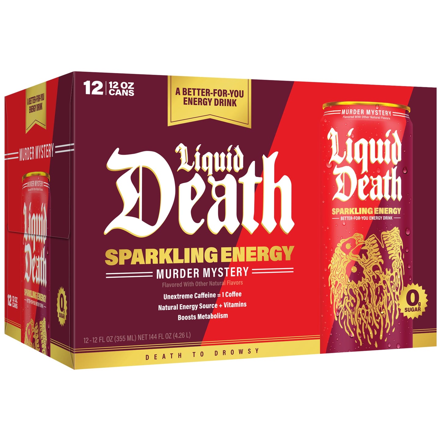 Liquid Death Sparkling Energy - Murder Mystery (Cherry Vanilla and Spice Flavor)  Sugar-Free Energy Drink  Unextreme Caffeine 100mg  Essential Vitamins  12 Fl Oz (Pack of 12)