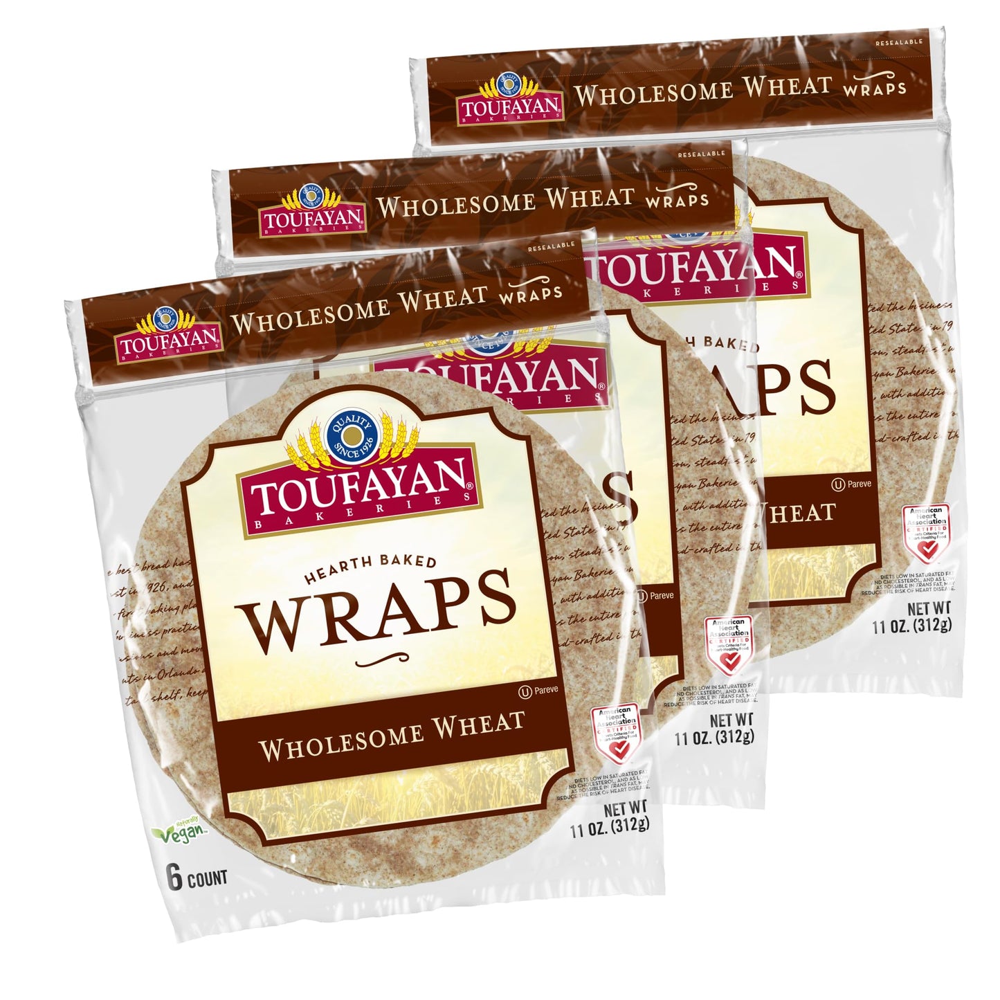 Toufayan Whole Wheat Tortilla Wraps (3 Pack, 18 Wraps Total)