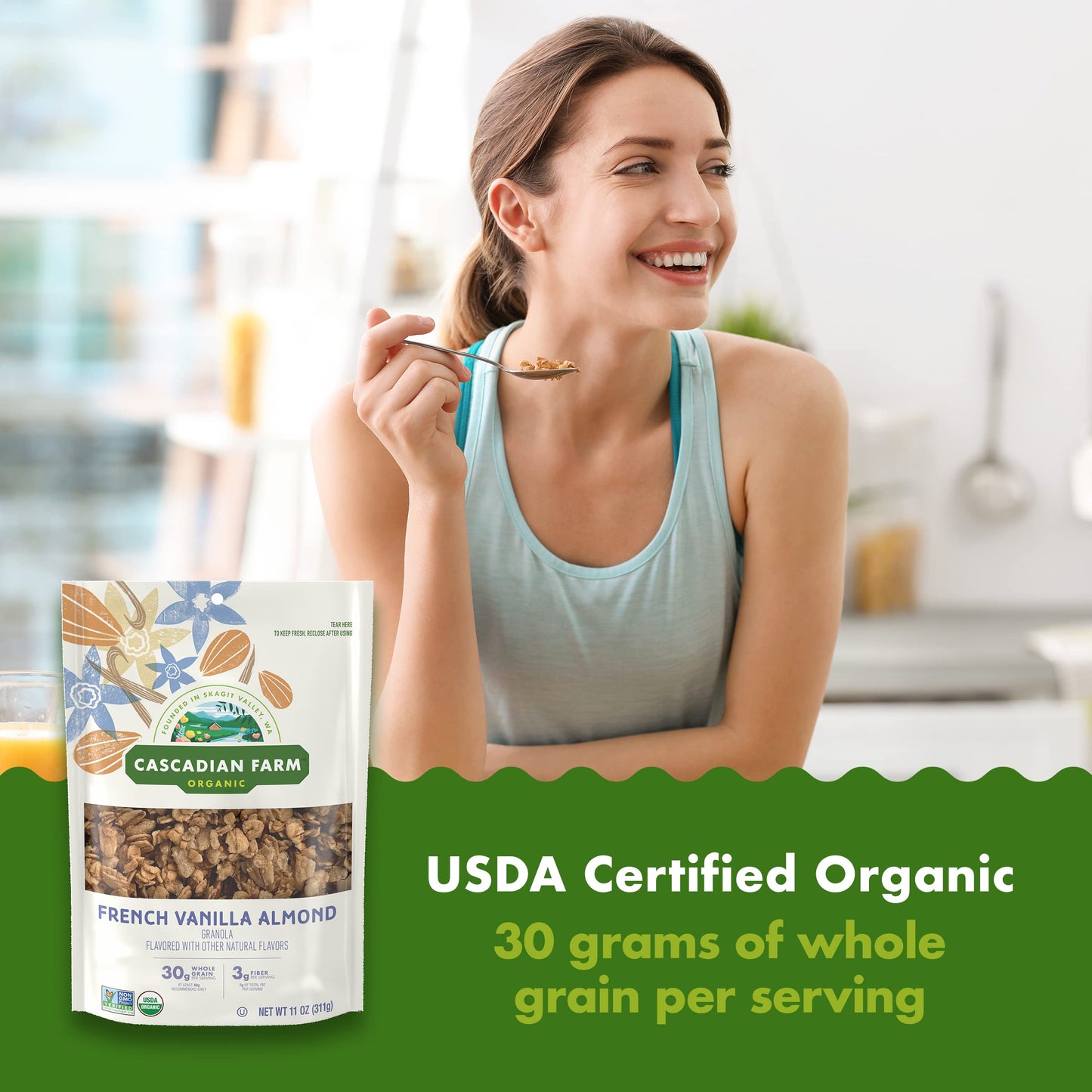 Cascadian Farm Organic Granola, French Vanilla Almond Cereal, Resealable Pouch, 11 Oz.