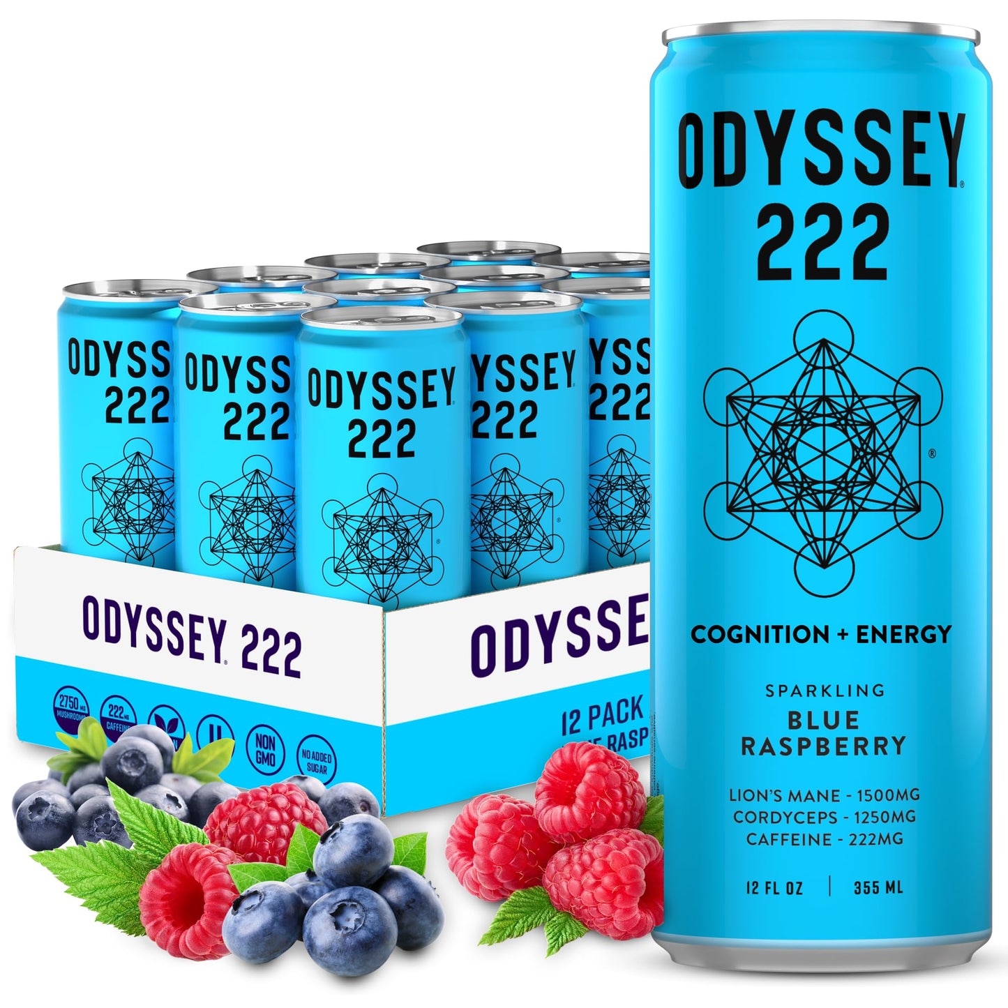 Odyssey 222 Energy Drink  Pre Workout  222Mg Energy Blend  Clean Energy Drinks  L Theanine  Lions Mane  Cordyceps & Green Tea For Energy  Focus & Mood Boost  Low Calorie  Blue Raspberry  12 Fl Oz  12 Pack