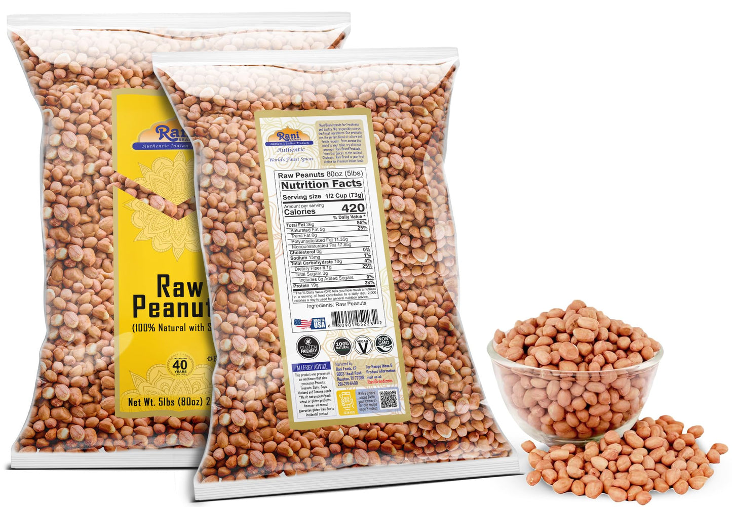 Rani Peanuts, Raw Whole With Skin (uncooked, unsalted) 80oz (5lbs) 2.27kg Bulk ~ All Natural | Vegan | Kosher | Gluten Friendly