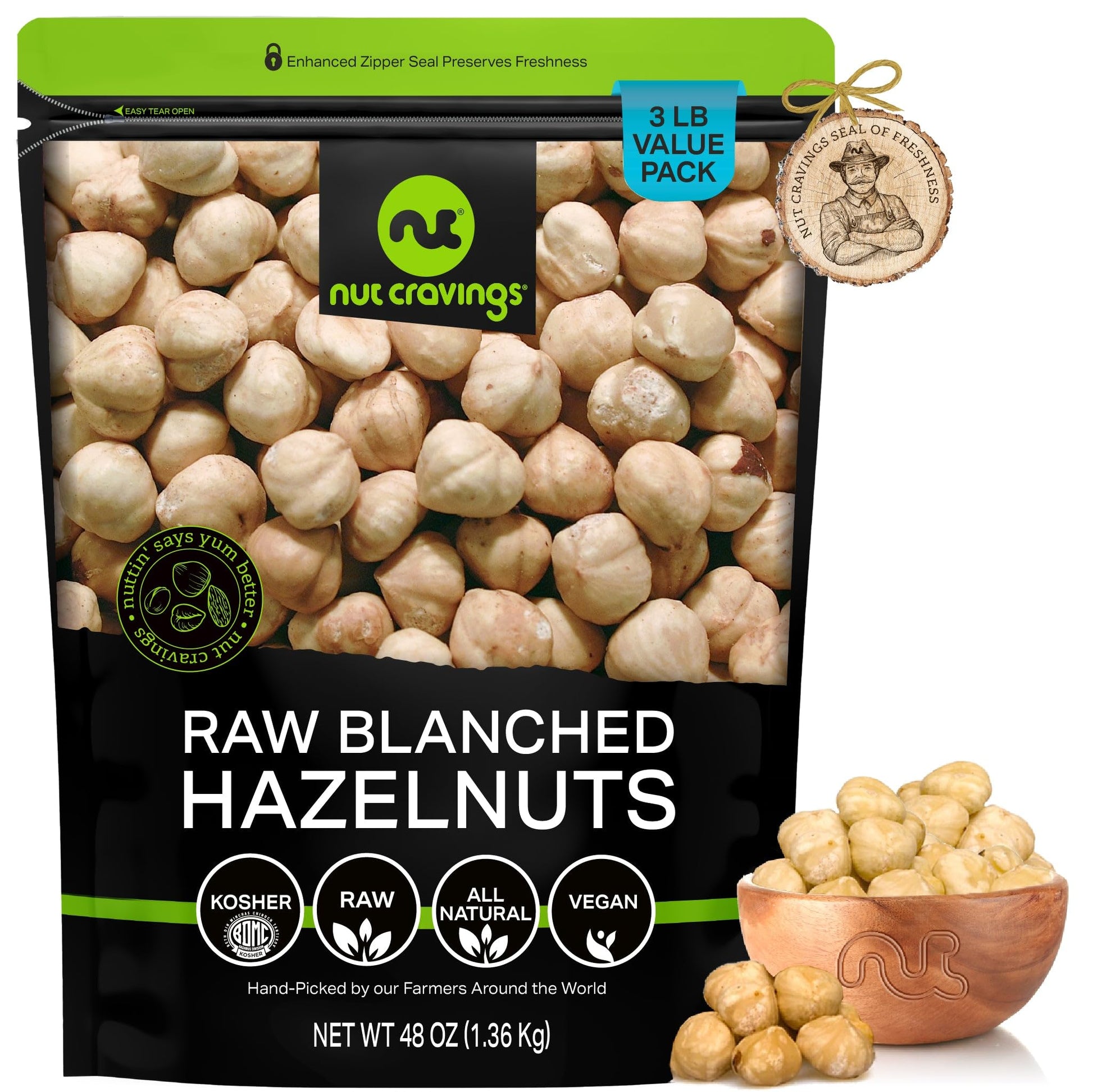 NUT CRAVINGS - Raw Blanched Hazelnuts Filberts - Unsalted, Shelled, (48oz - 3 LB) Bulk Nuts Packed Fresh in Resealable Bag - Kos