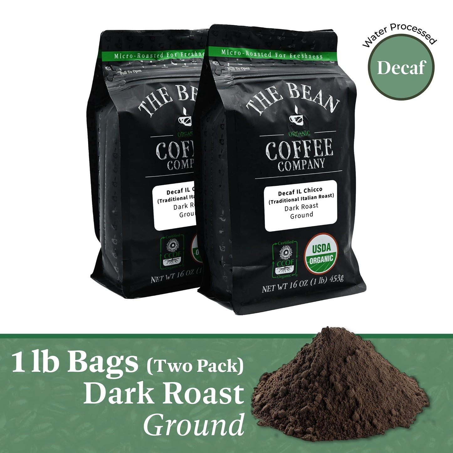 The Bean Coffee Company Organic Decaf Italian Roast Ground Coffee, 16 Ounce (Pack of 2)