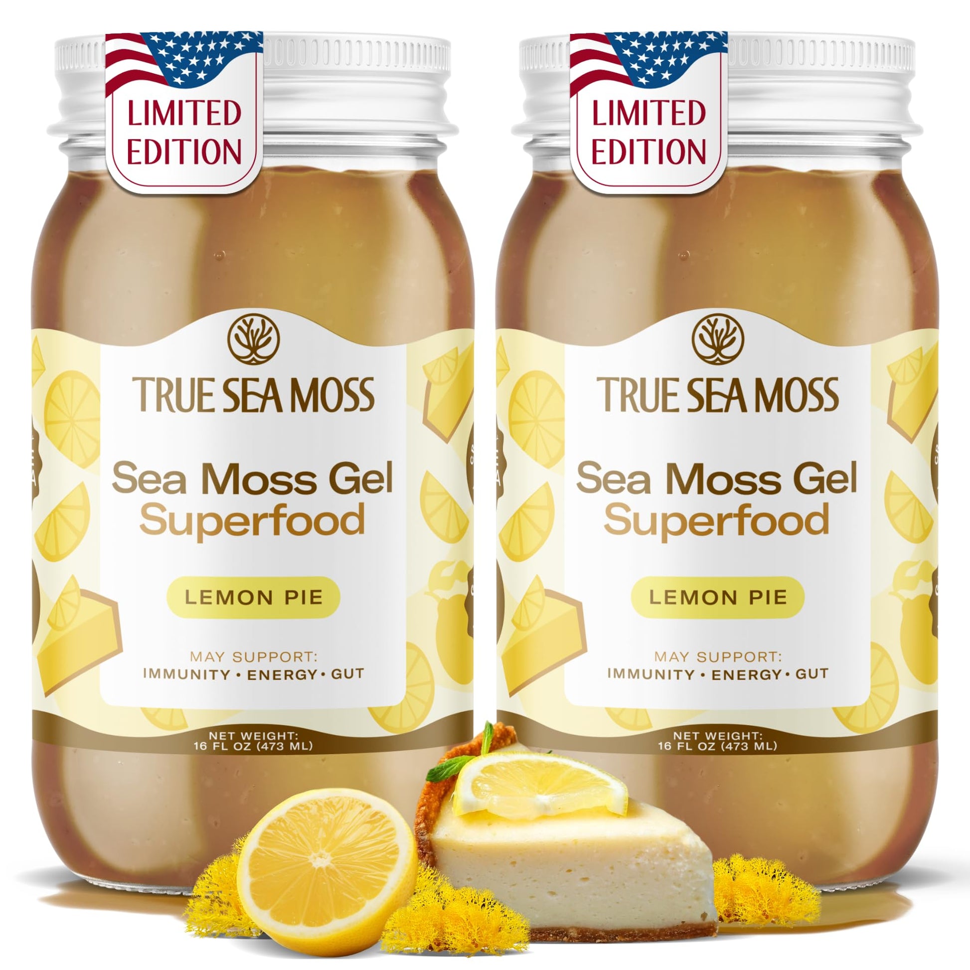 TrueSeaMoss Sea Moss Gel - Made in USA - Wildcrafted Seamoss, Fresh Fruits & Sea Vegetables - Lemon Pie, Pack of 2 (Labels may V
