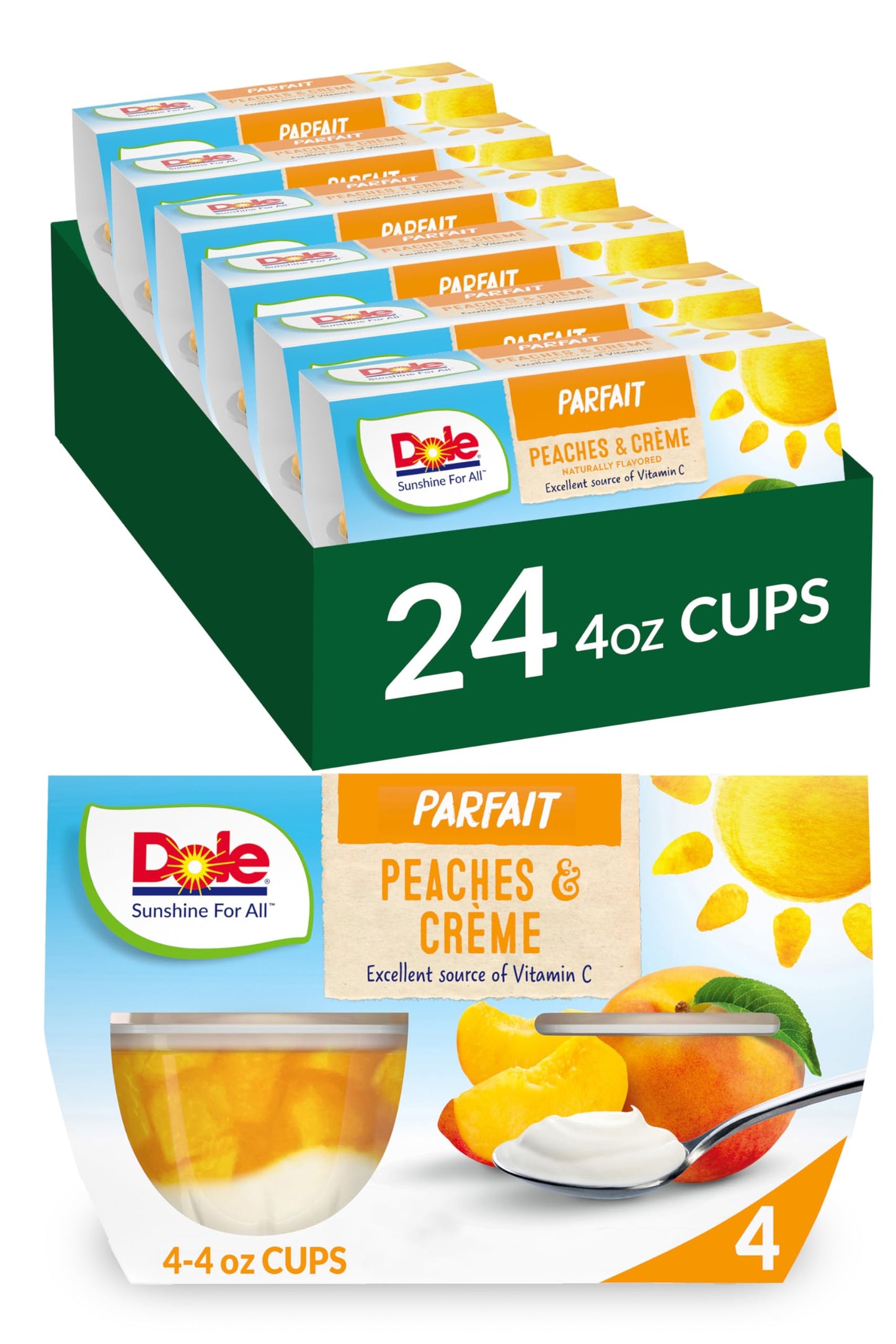 Dole Fruit Bowls Low Fat Peaches & Creme Parfait Snacks, 4.3Oz 24 Total Cups, Gluten & Dairy Free, Bulk Lunch Snacks For Kids &