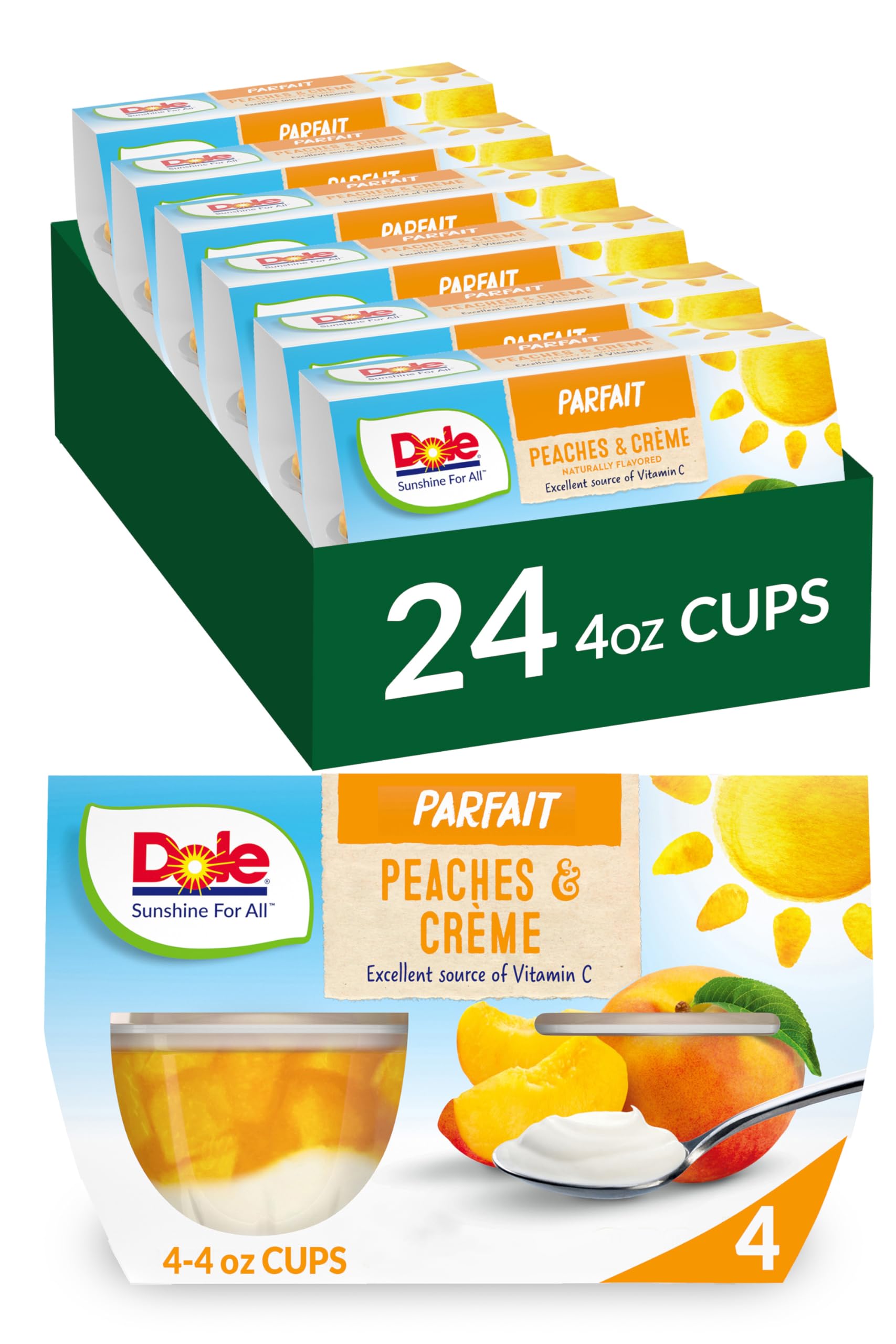 Dole Fruit Bowls Low Fat Peaches & Creme Parfait Snacks, 4.3Oz 24 Total Cups, Gluten & Dairy Free, Bulk Lunch Snacks For Kids &