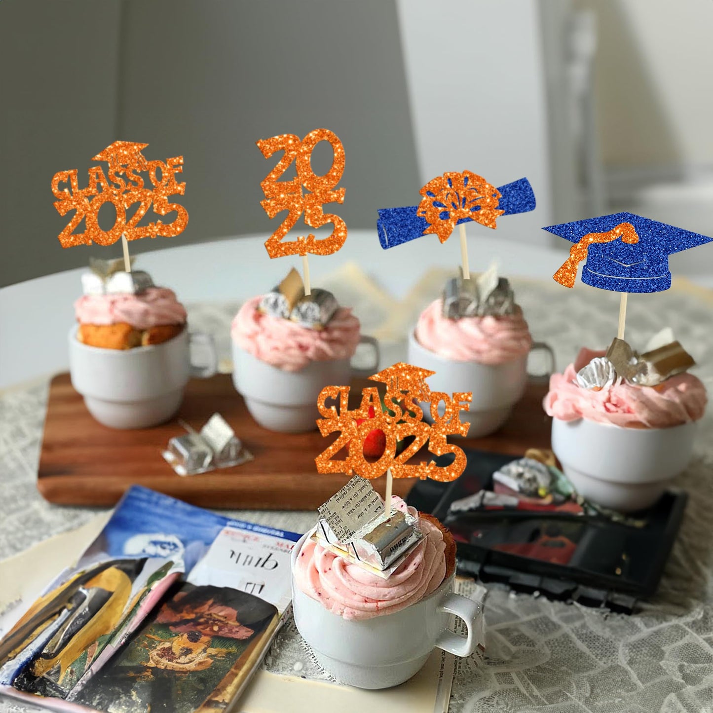 Ephlyn Graduation Cupcake Toppers 36Pcs Glitter Class of 2025 Orange Blue Paper Decorations