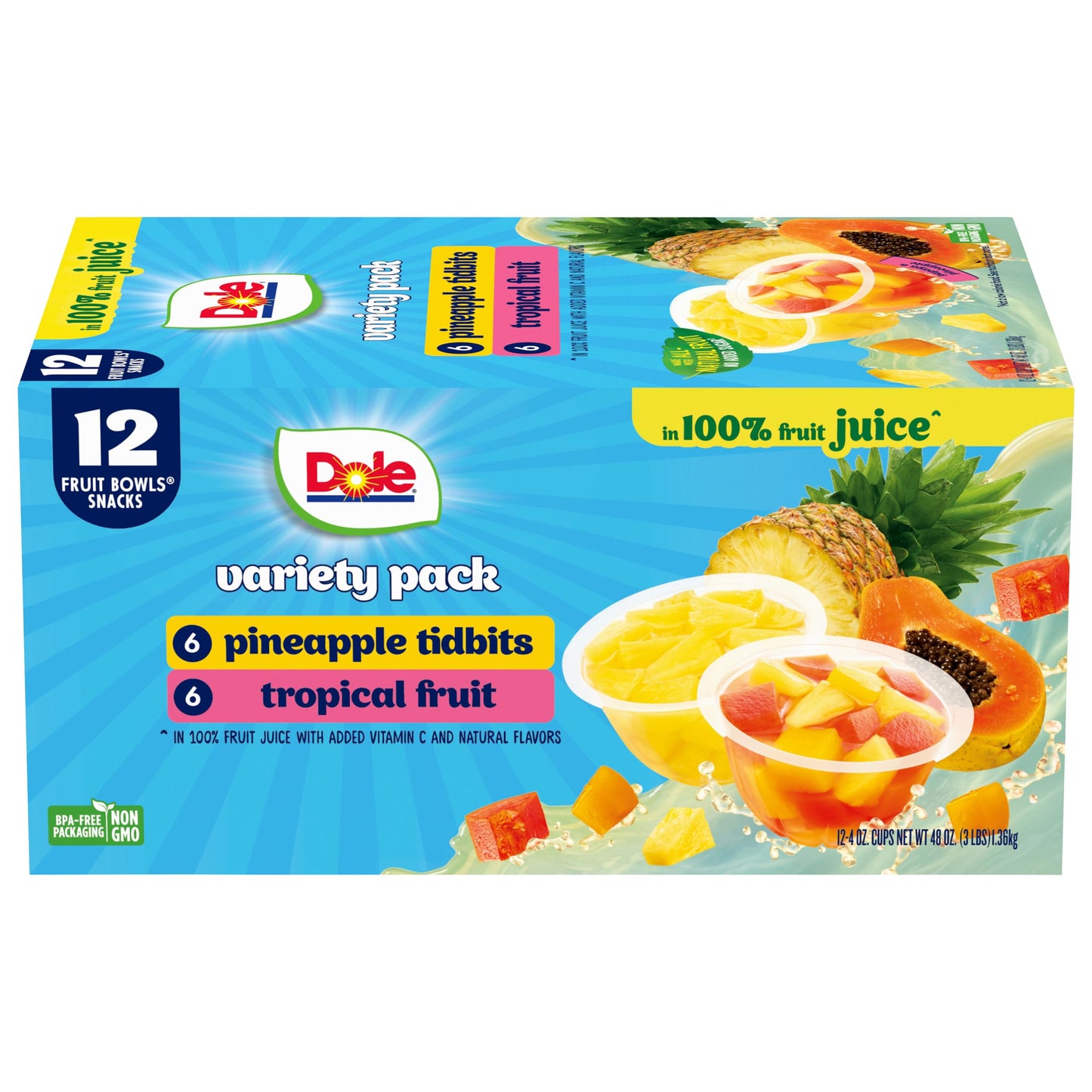 Dole Pineapple Tidbits And Tropical Fruit In 100% Juice Variety Pack - Dole Fruit Bowls Snacks - 4 Oz Bowls - 12 Pack