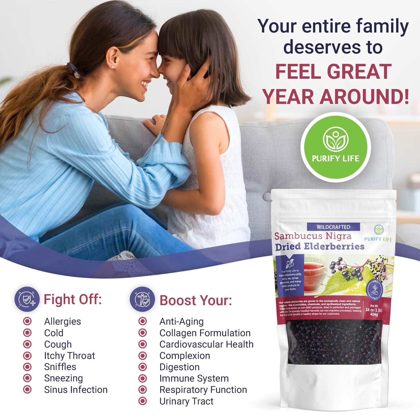 Purify Life Dried Elderberries - 1lb Bulk, Wildcrafted, Non-GMO, Whole, Model DE1