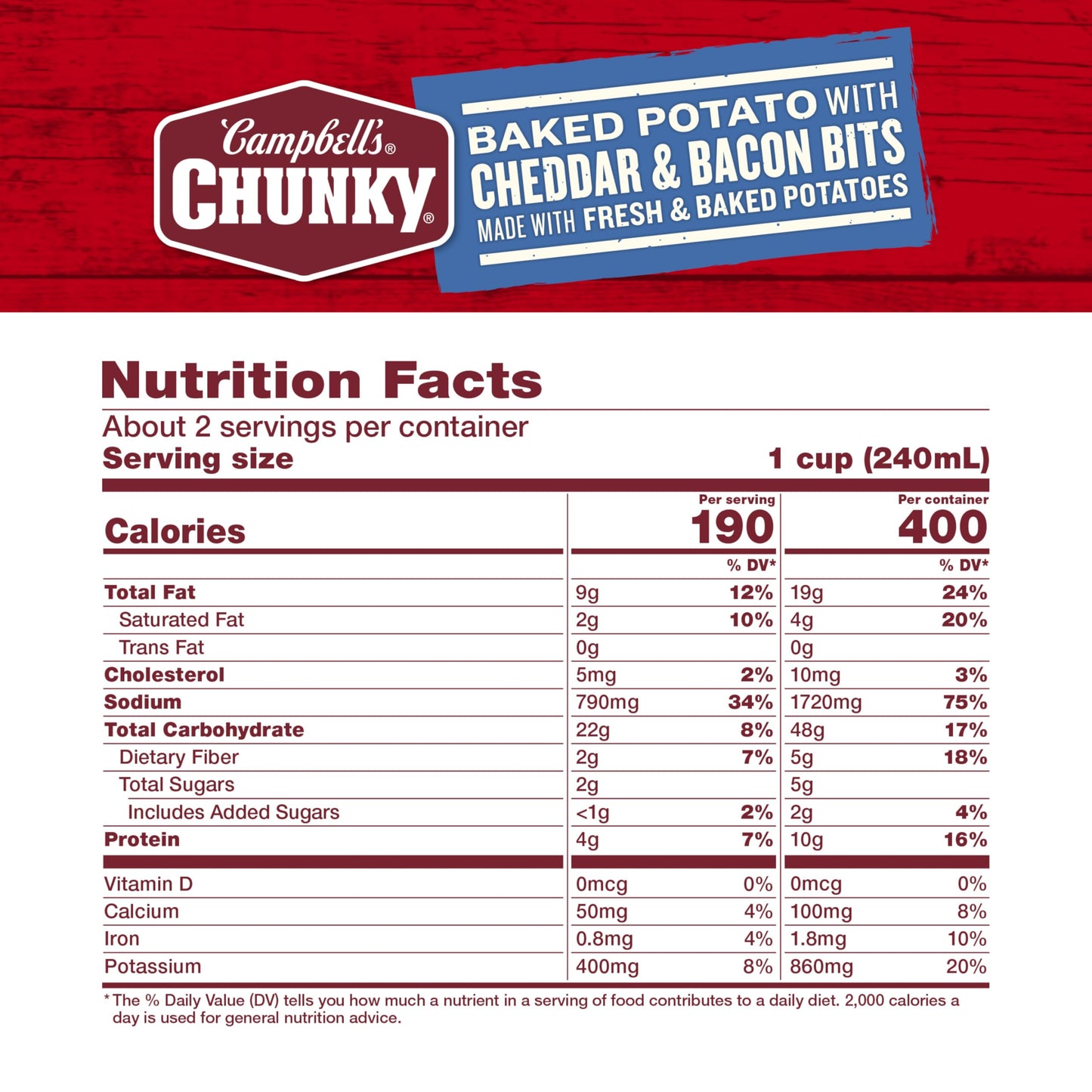 Campbell’S Chunky Soup, Baked Potato With Cheddar And Bacon Bits Soup, 18.8 Oz Can