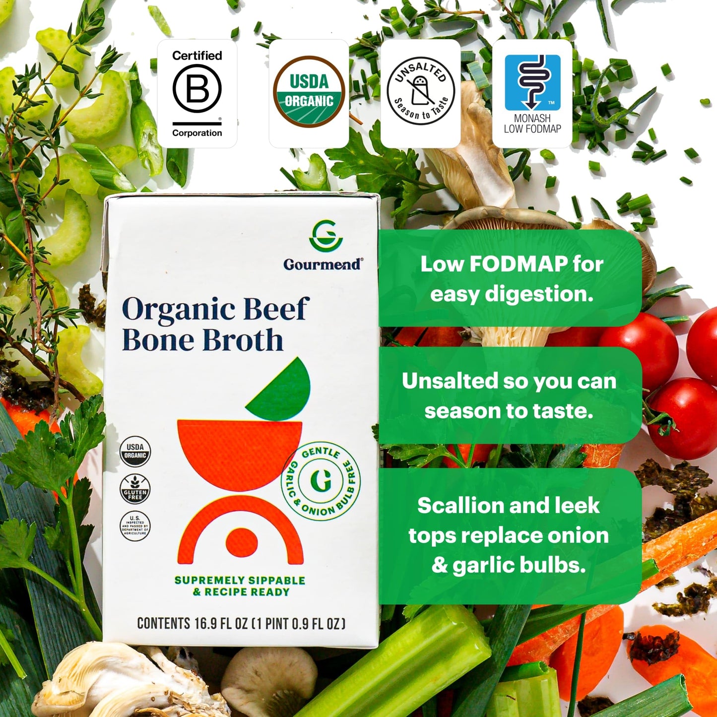 Organic Unsalted 16.9Oz Beef Bone Broth From Gourmend Foods (12 Pack) - Just 10 Ingredients, Low Fodmap Certified, Filler Free,