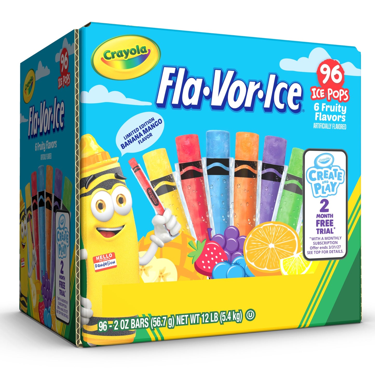 Crayola Fla-Vor-Ice Popsicle Variety Pack of 2 Oz Freezer Bars  Assorted Flavors  Banana Mango  Strawberry  Berry Punch  Orange  G  Lemon-Lime 96 Count