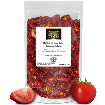 Traina Home Grown California Sun Dried Tomato Halves - Healthy, Non GMO, Gluten Free, Kosher Certified, Packed in Resealable Bag