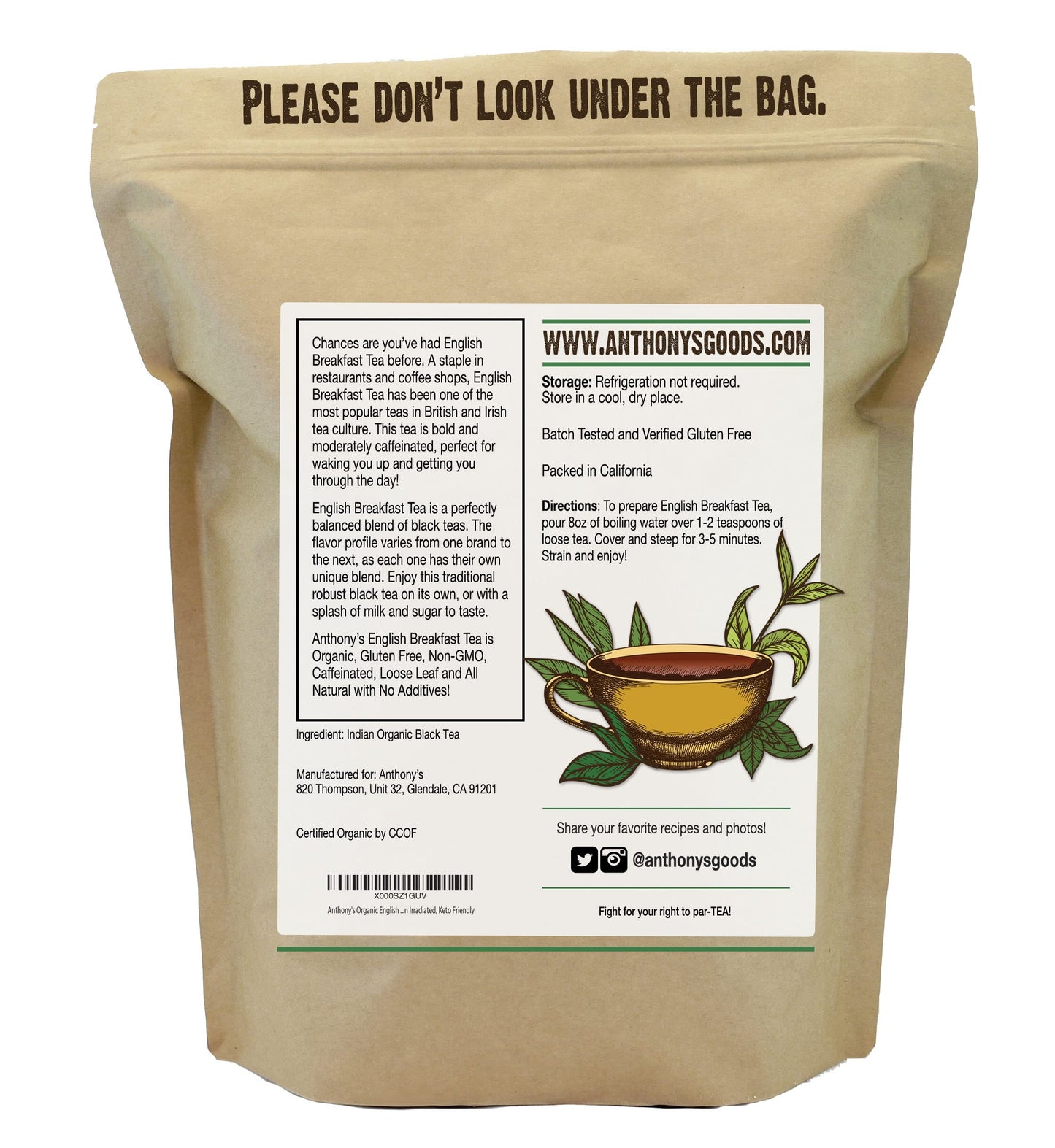 Anthonys Organic English Breakfast Loose Leaf Tea  1 lb  Gluten Free  Non GMO  Non Irradiated  Keto Friendly
