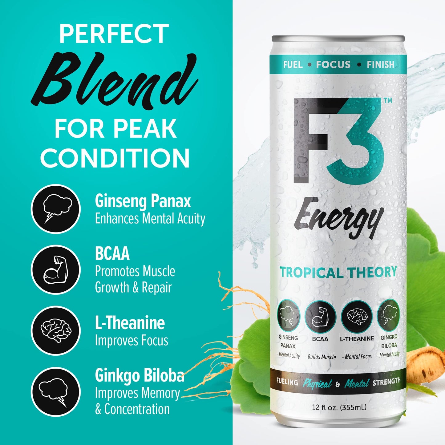F3 Energy Tropical Theory Energy Drink - BCAA, Panax Ginseng, Ginkgo Biloba - 125 mg Caffeine - 12 Pack