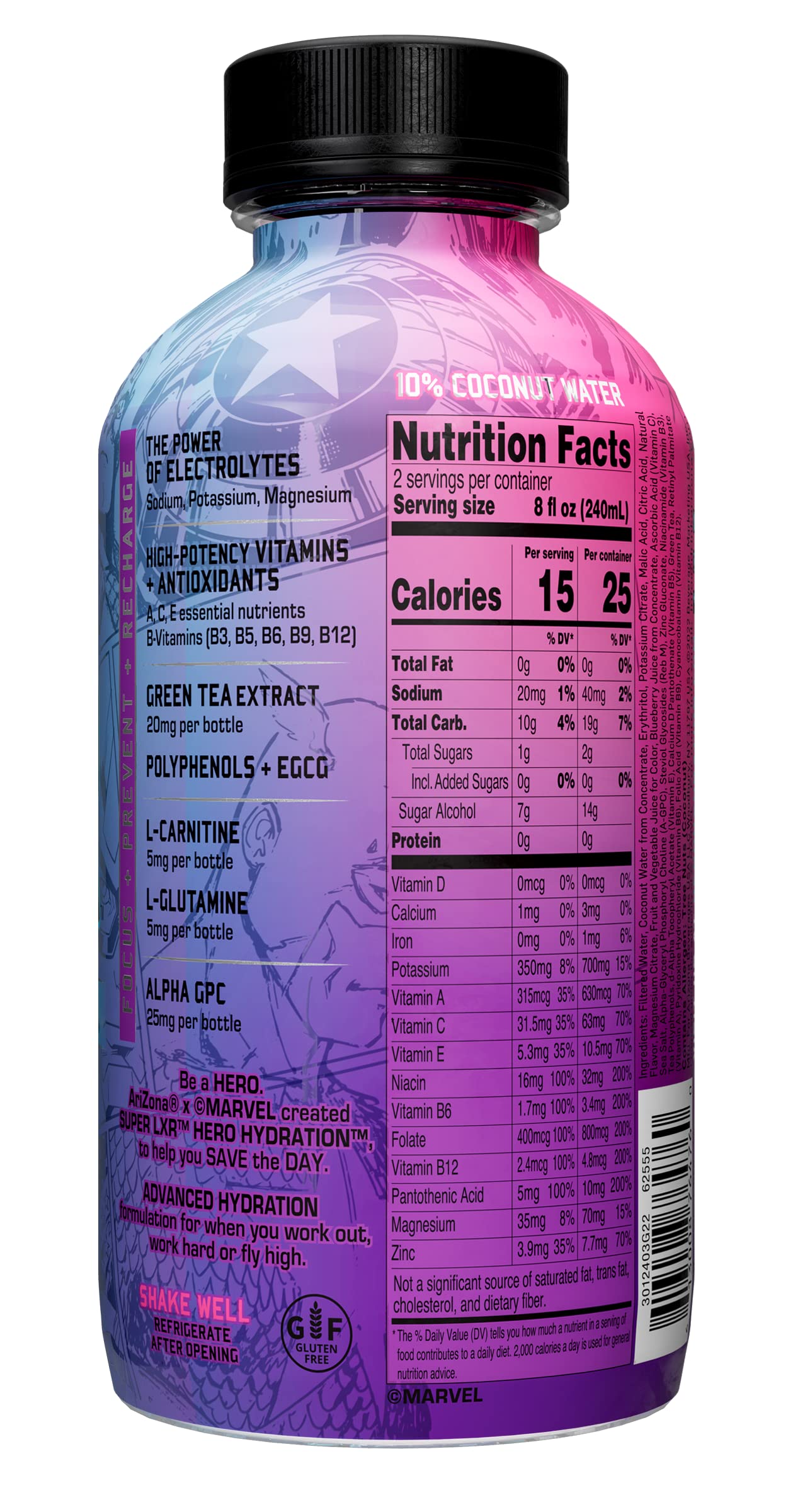 AriZona x Marvel Super LXR Hero Hydration - Acai Blueberry - 16oz (Pack of 12) - Low Sugar Sports Drink, Perfect for Athletes, V