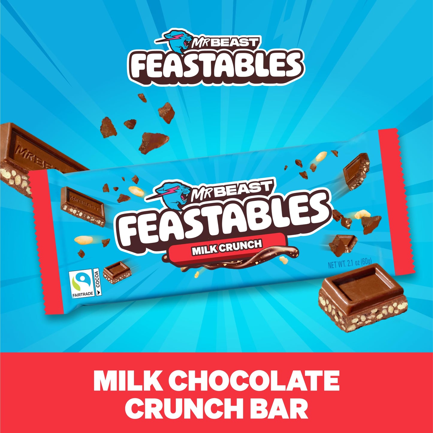 Feastables Mrbeast Combo Pack, King Size Milk Chocolate & Milk Crunch Bars, 10 Each, Candy Bars For Mature-Themeds & Kids, Candy Bar For Snacks, Gifts, Or Dessert, Fairtrade Cocoa, 2.1 Oz Each, 20 Count