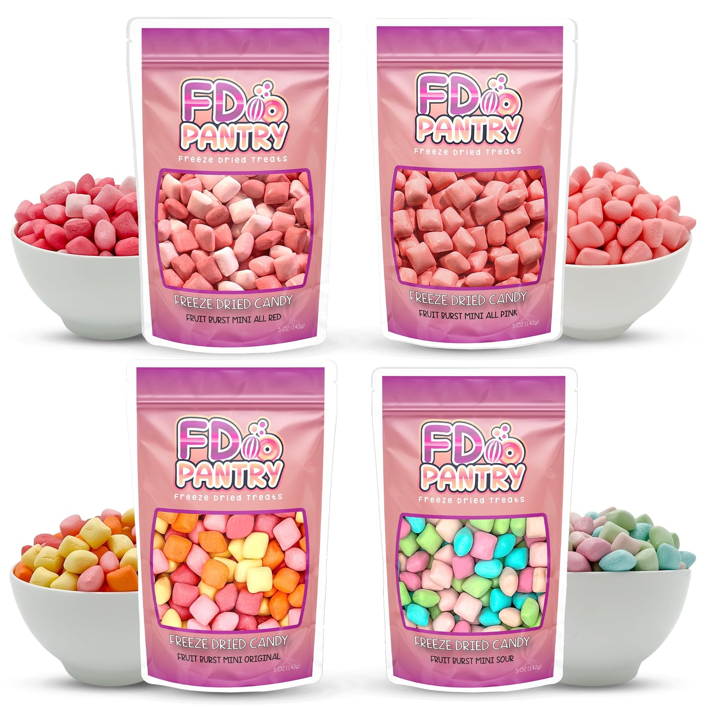 Freeze Dried Candy Variety Pack - Fruit Burst 4 Pack, Original, All Pinks, All Reds, Sour 5 Oz (4 Count) - Assortment Combo Bund