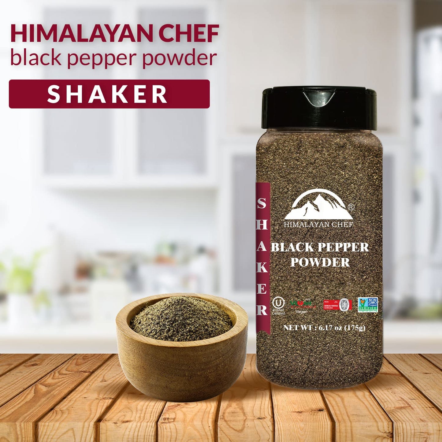 Himalayan Chef Organic Black Pepper Powder - 6.17Oz (175g), Free from Artificial Colors & Additives, Non GMO & Kosher Certified,