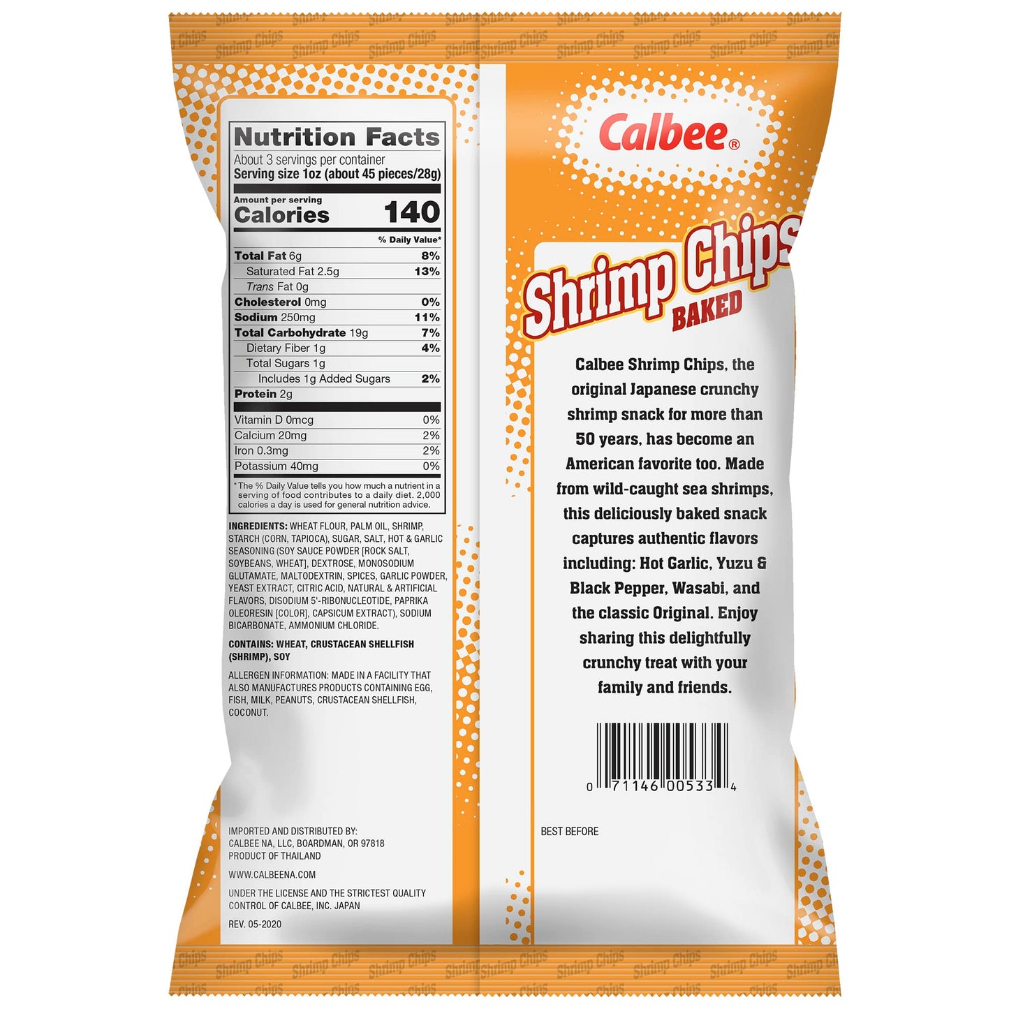 Calbee Shrimp Chips - Hot Garlic Flavor, 4.0 oz, Baked with Wild-Caught Shrimp, Pack of 6