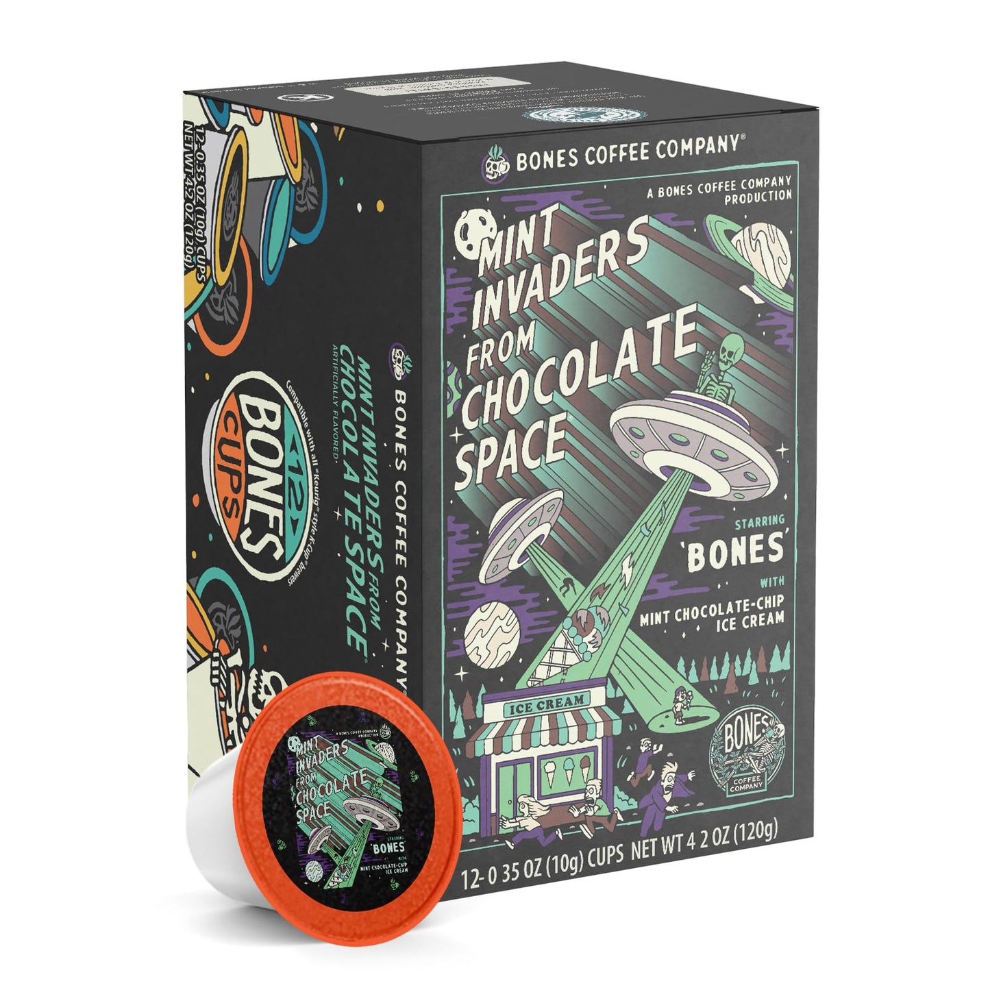Bones Coffee Company Mint Invaders, Mint Chocolate Chip Flavored Coffee Pods, Low Acid Medium Roast Single-Serve Bones Cups, Compatible With Capsule Malt-Inspired Coffee Maker, 12 Count