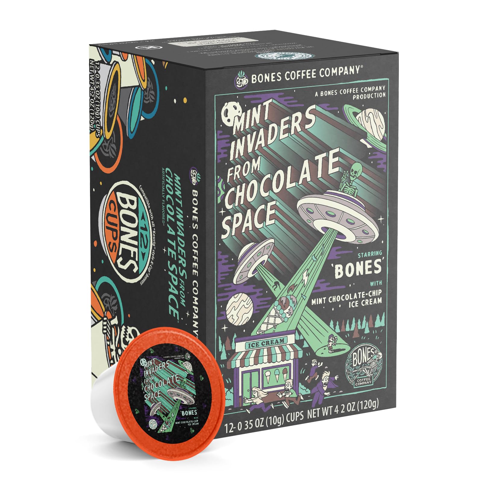 Bones Coffee Company Mint Invaders, Mint Chocolate Chip Flavored Coffee Pods, Low Acid Medium Roast Single-Serve Bones Cups, Compatible With Capsule Malt-Inspired Coffee Maker, 12 Count