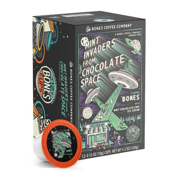 Bones Coffee Company Mint Invaders, Mint Chocolate Chip Flavored Coffee Pods, Low Acid Medium Roast Single-Serve Bones Cups, Compatible With Capsule Malt-Inspired Coffee Maker, 12 Count