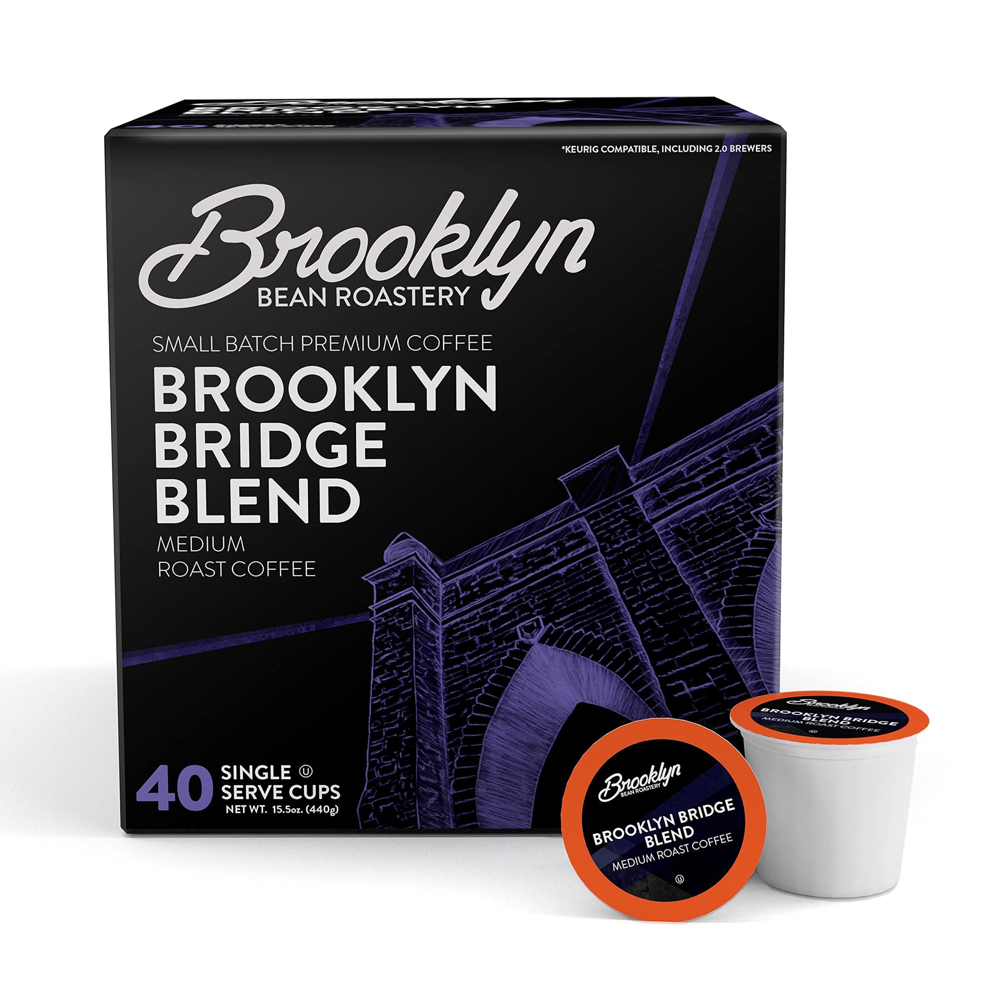 Brooklyn Beans Brooklyn Bridge Blend Gourmet Coffee - Compatible with Keurig 2.0 K Cup malt-inspired  40 Count  Rich and Bold Medium Roast