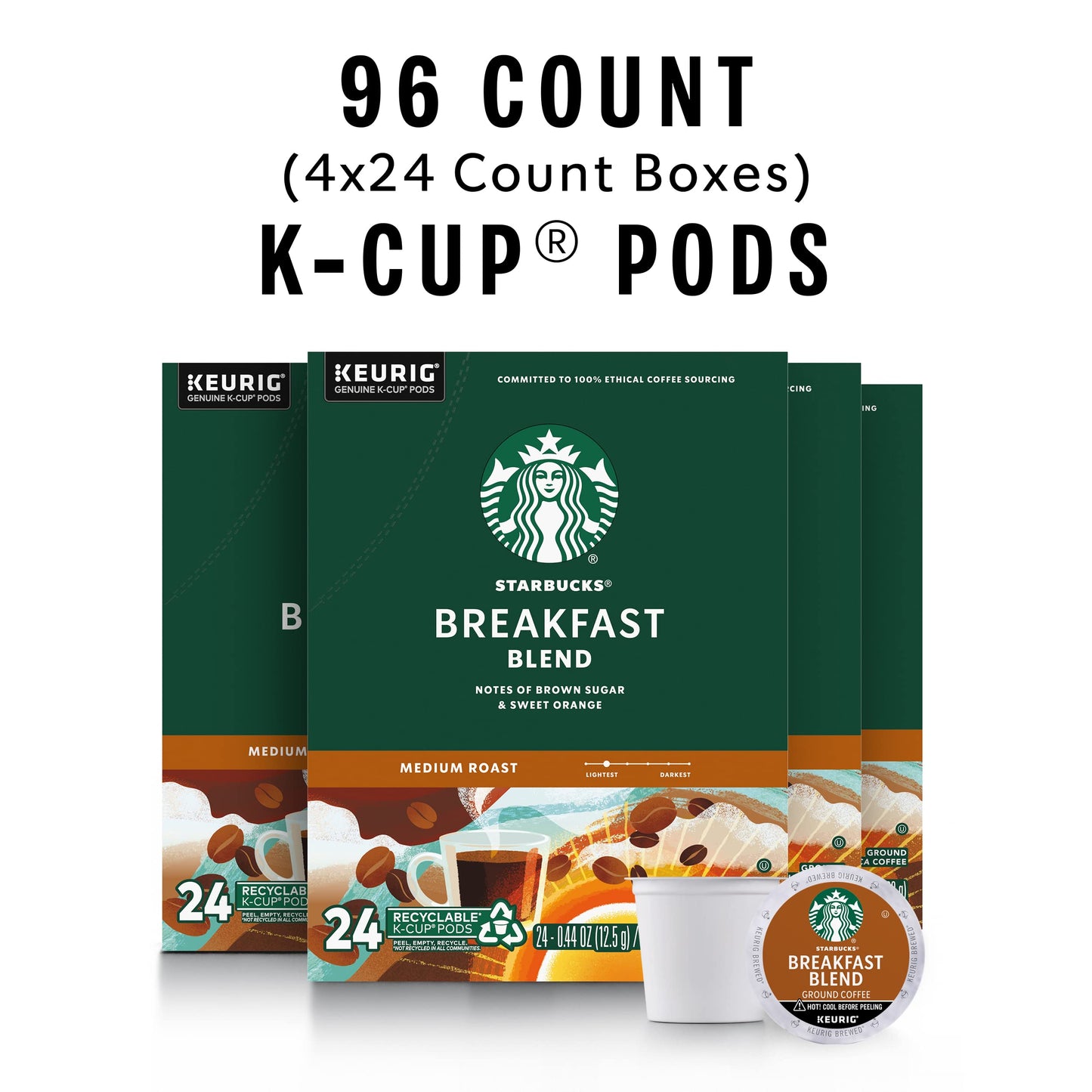Starbucks K-Cup Coffee Pods, Medium Roast, Breakfast Blend, 24 Count (Pack of 4), 100% Arabica, Model 011067984