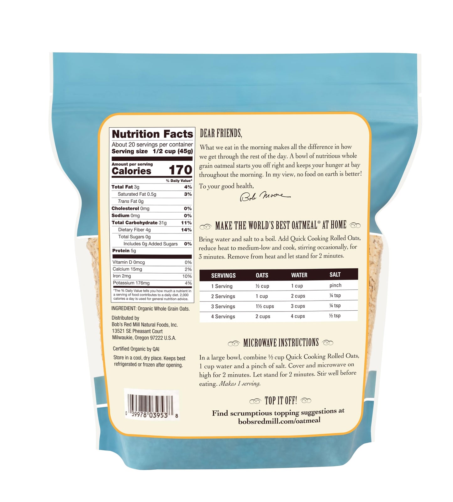 Bob's Red Mill Organic Quick Cooking Rolled Oats - 32 oz (Pack of 4)
