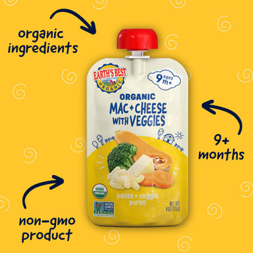 Earth'S Best Pasta + Veggie Puree Organic Mac + Cheese With Veggies 4Oz Pouch (Pack Of 12)
