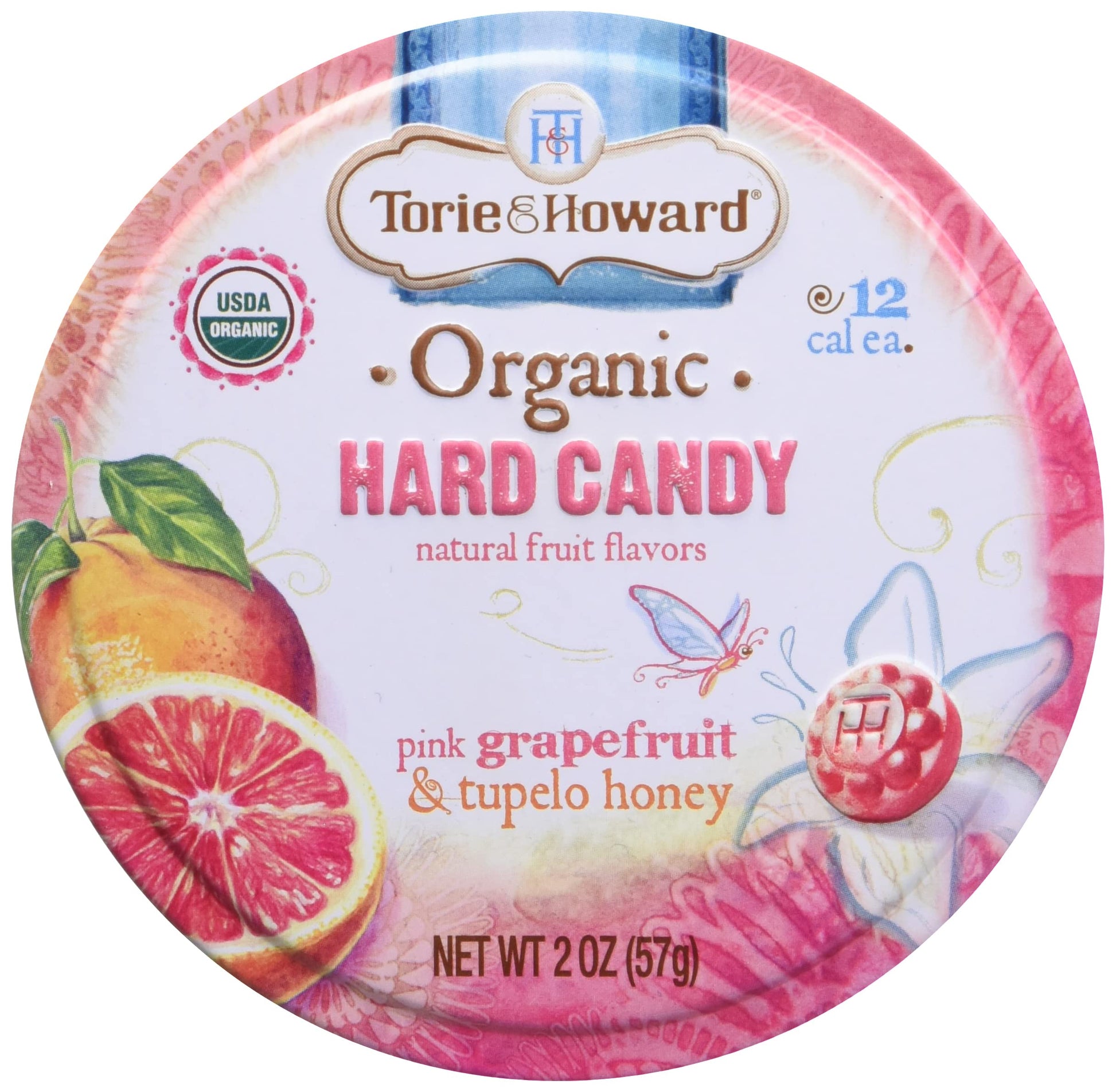 Torie And Howard Organic Hard Candy Tin, Pink Grapefruit And Tupelo Honey, 2 Ounce