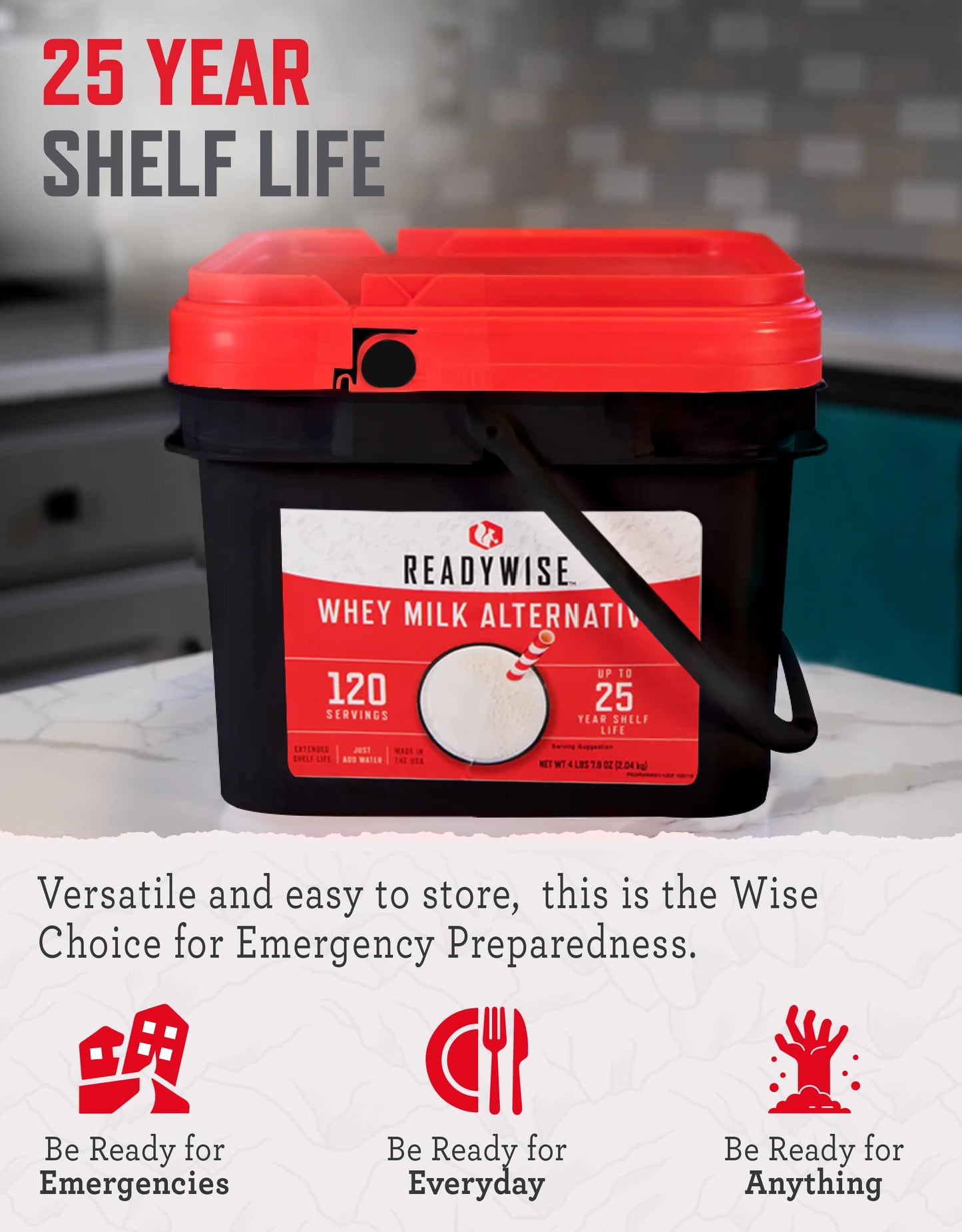 Readywise Whey Powdered Milk Alternative - 120 Servings Bucket, Emergency Food Supply, Protein Camping Meals, Survival Kit & Camping Essentials, Bug Out Bag Supplies, Up To 25 Year Shelf Stable Life