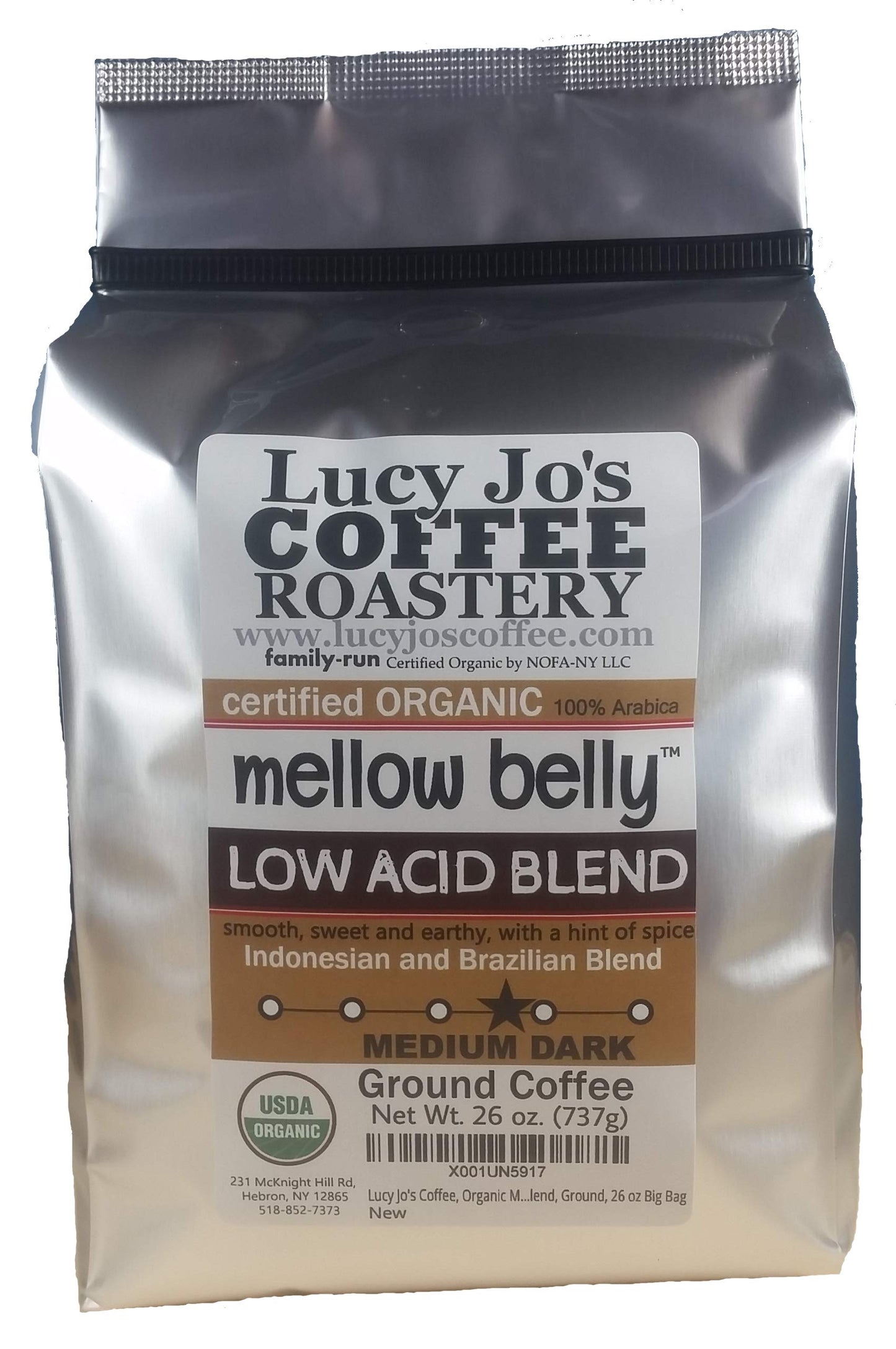 Lucy Jos Coffee Organic Mellow Belly Low Acid Blend Ground Coffee, Medium Dark Roast, 26 Oz, Silver