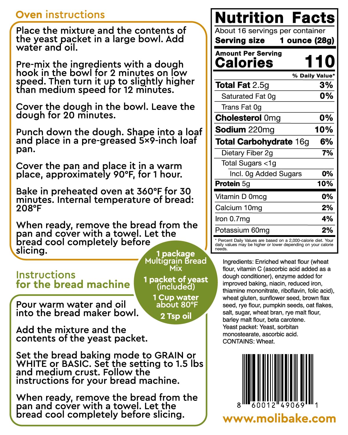 Molibake Multigrain Bread Mix - All-Natural for Bread Machine & Oven - 15 oz Pack