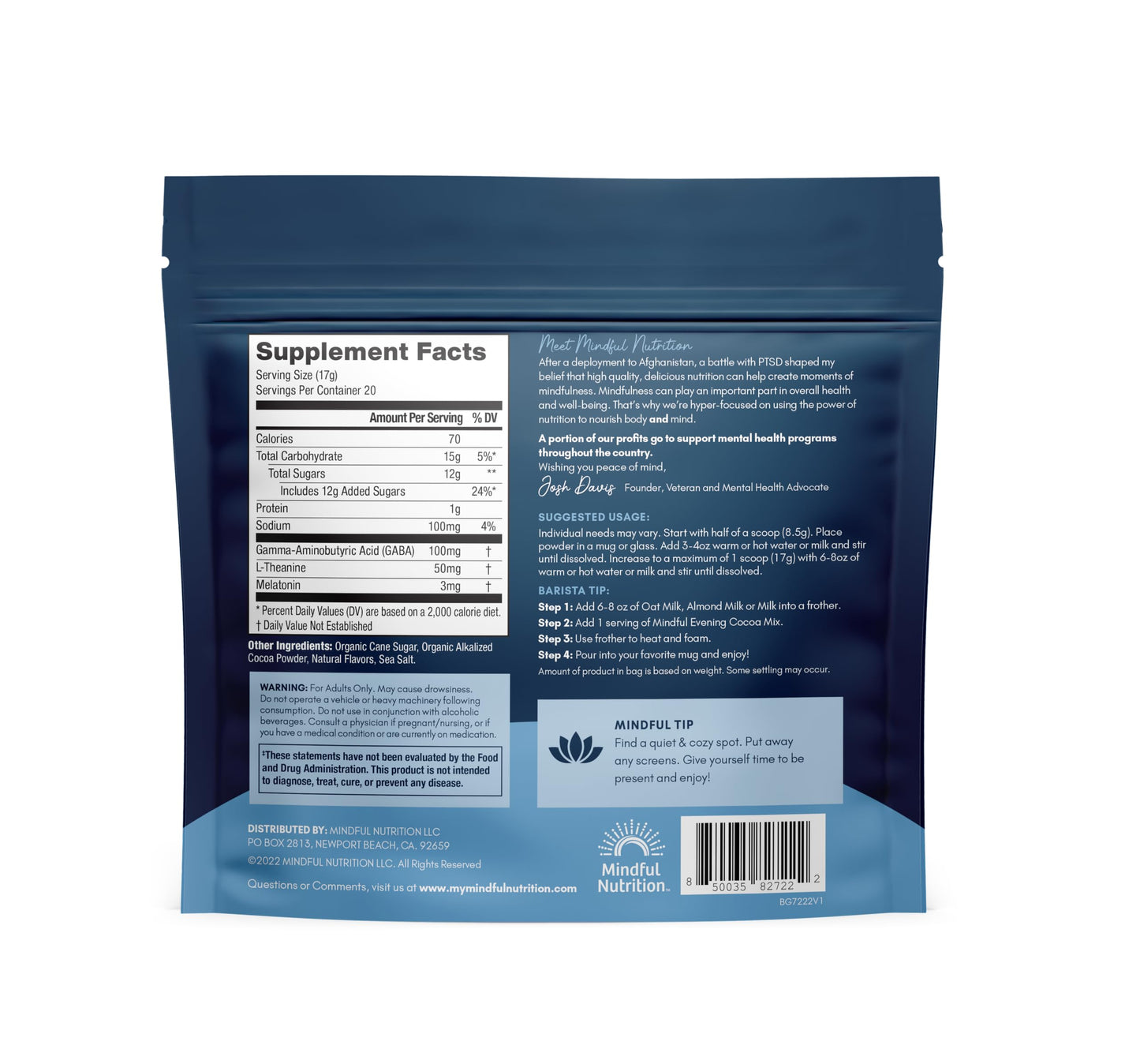 Mindful Nutrition Peppermint Cocoa Mix - Natural Sleep Aid with Melatonin, L-Theanine & GABA, 12 Ounce Pack