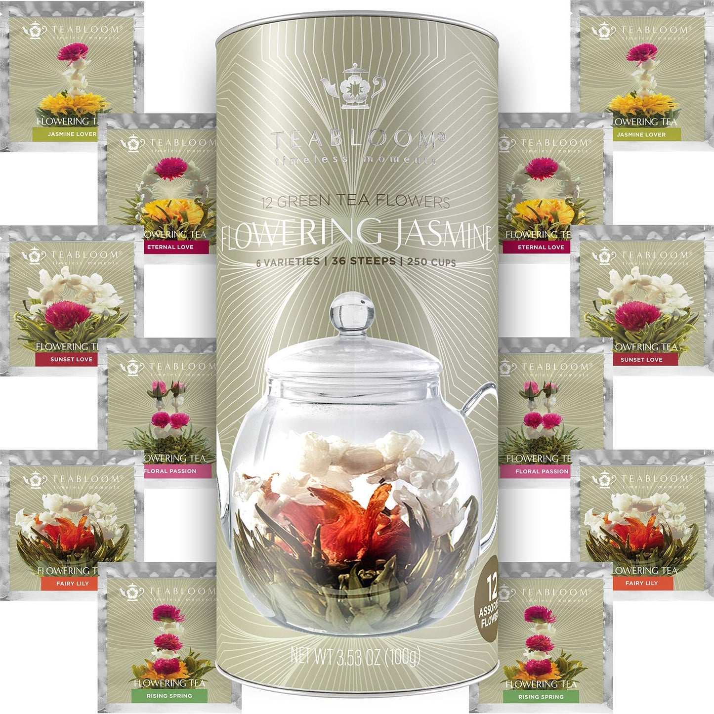 Teabloom Jasmine Flowering Tea - Hand Tied Green Tea Leaves + Jasmine Blossoms Flowering Tea Creations - Blooming Tea Gift Set -