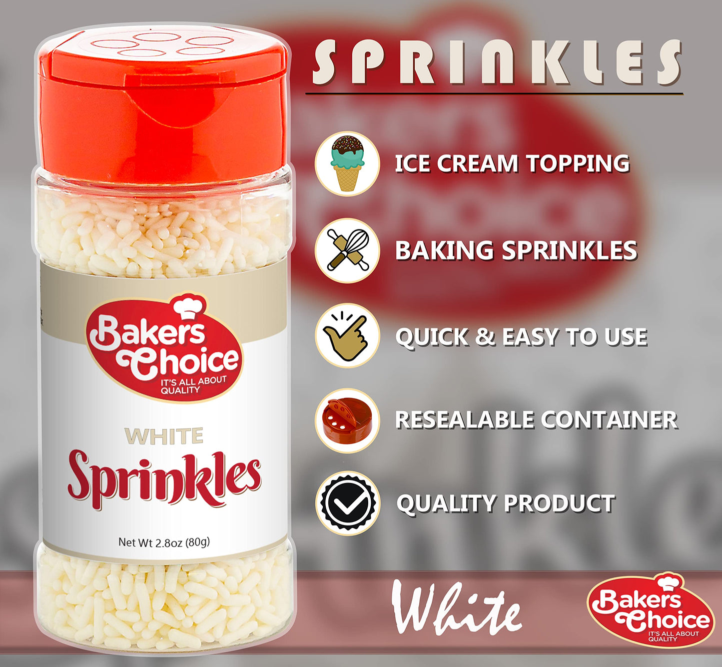 Bakers Choice White Sprinkles For Baking - Jimmies Sprinkles For Ice Cream Toppings - Dairy Free, Kosher 2.8 Oz.